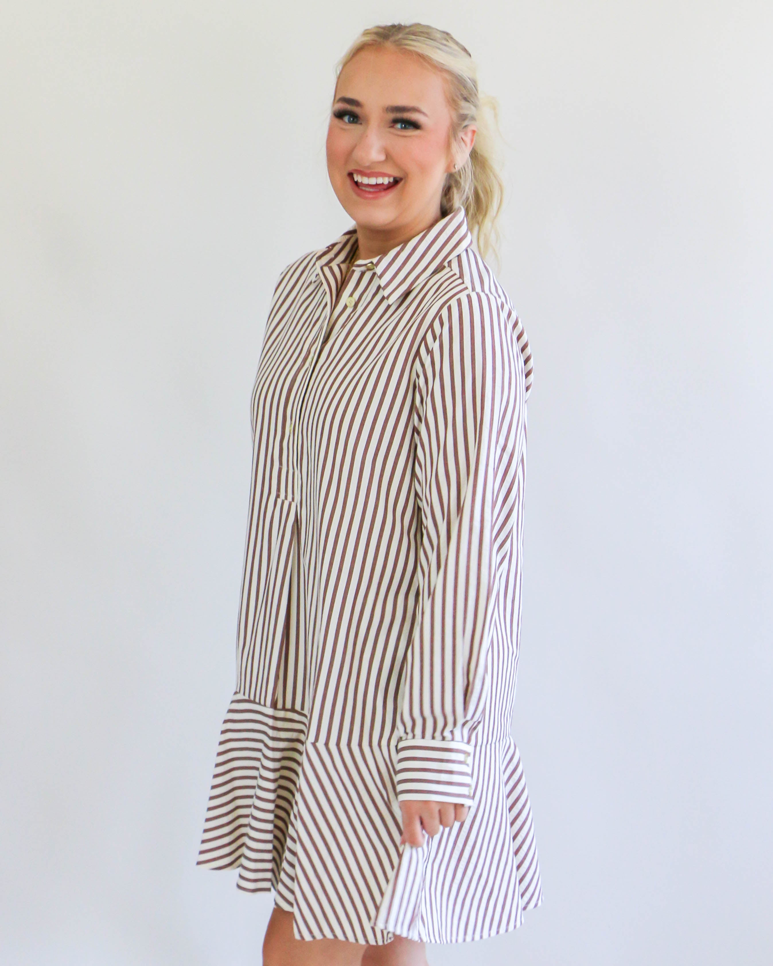 Striped Long Sleeve Collared Mini Dress in Camel