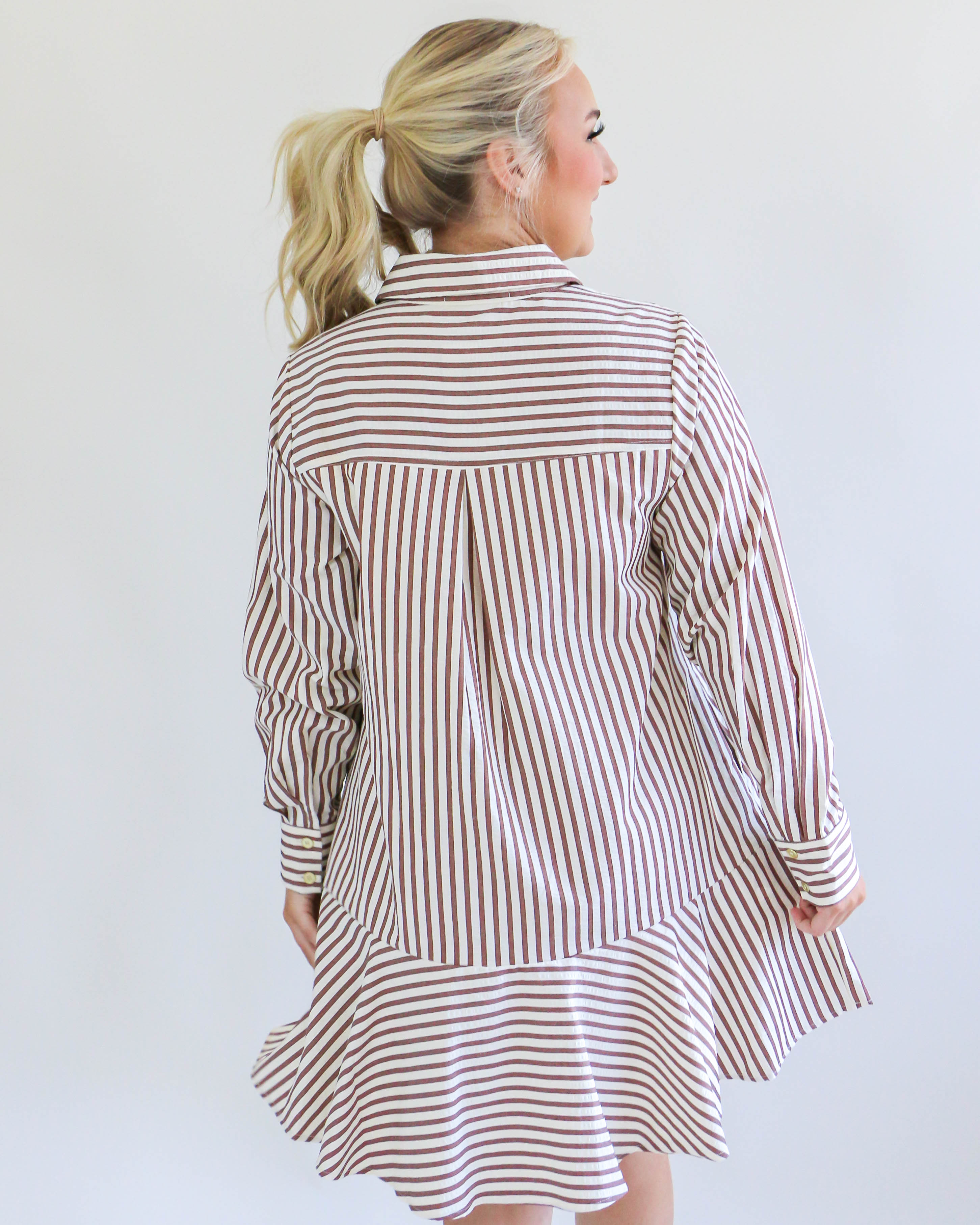 Striped Long Sleeve Collared Mini Dress in Camel