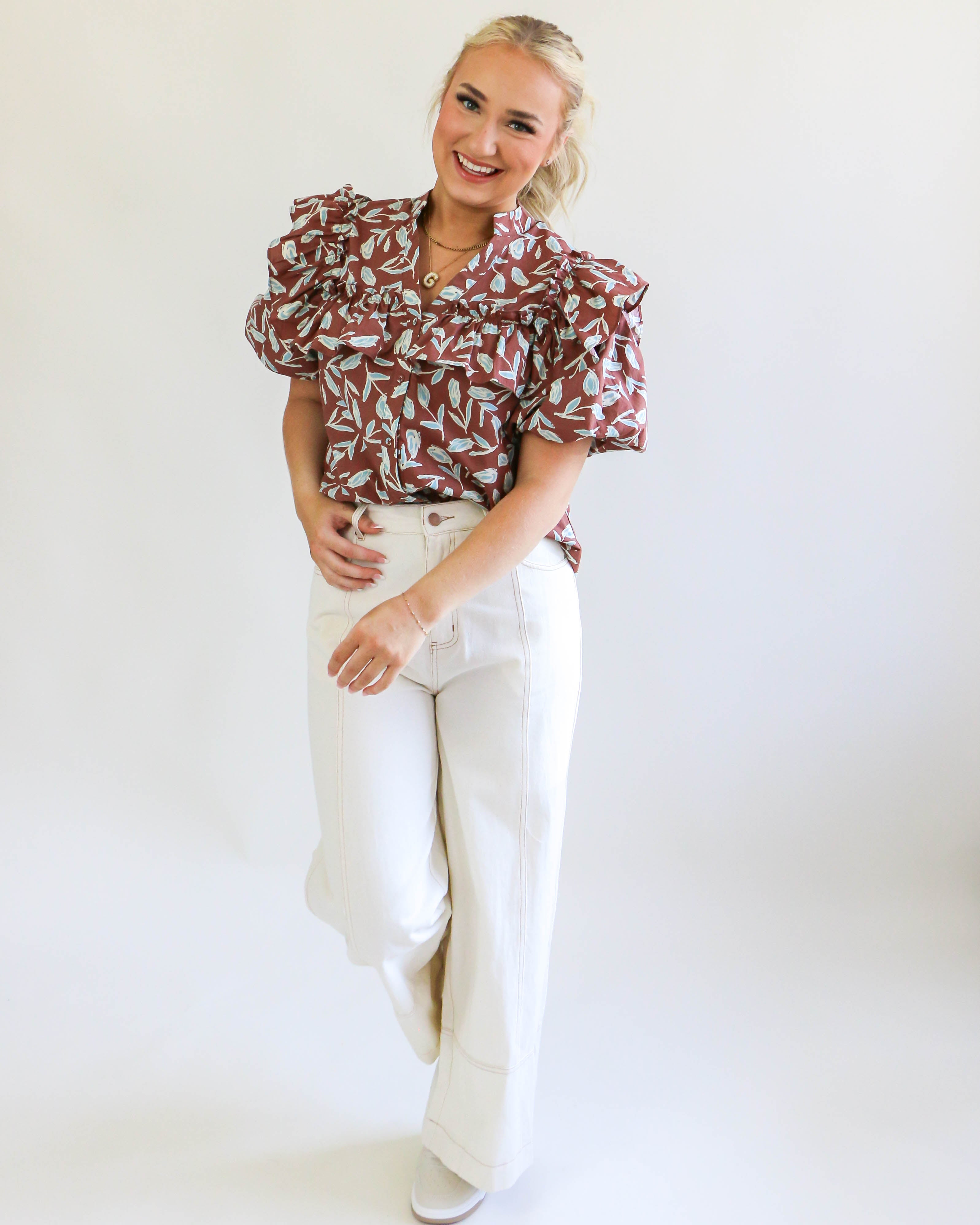 Brown Printed V-Neck Top