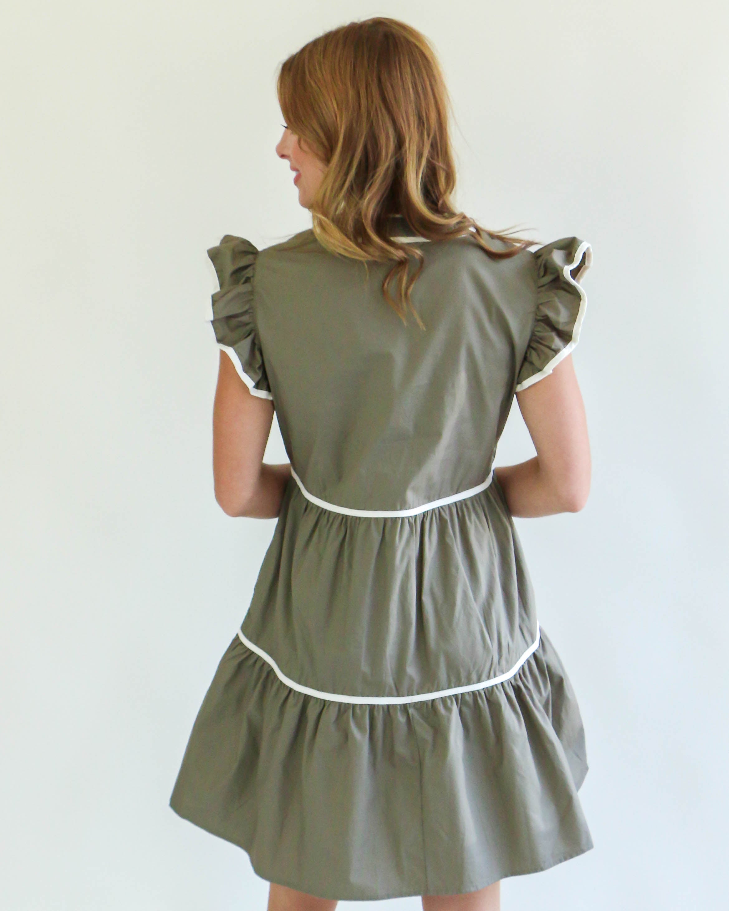 Olive Dress with White Trim