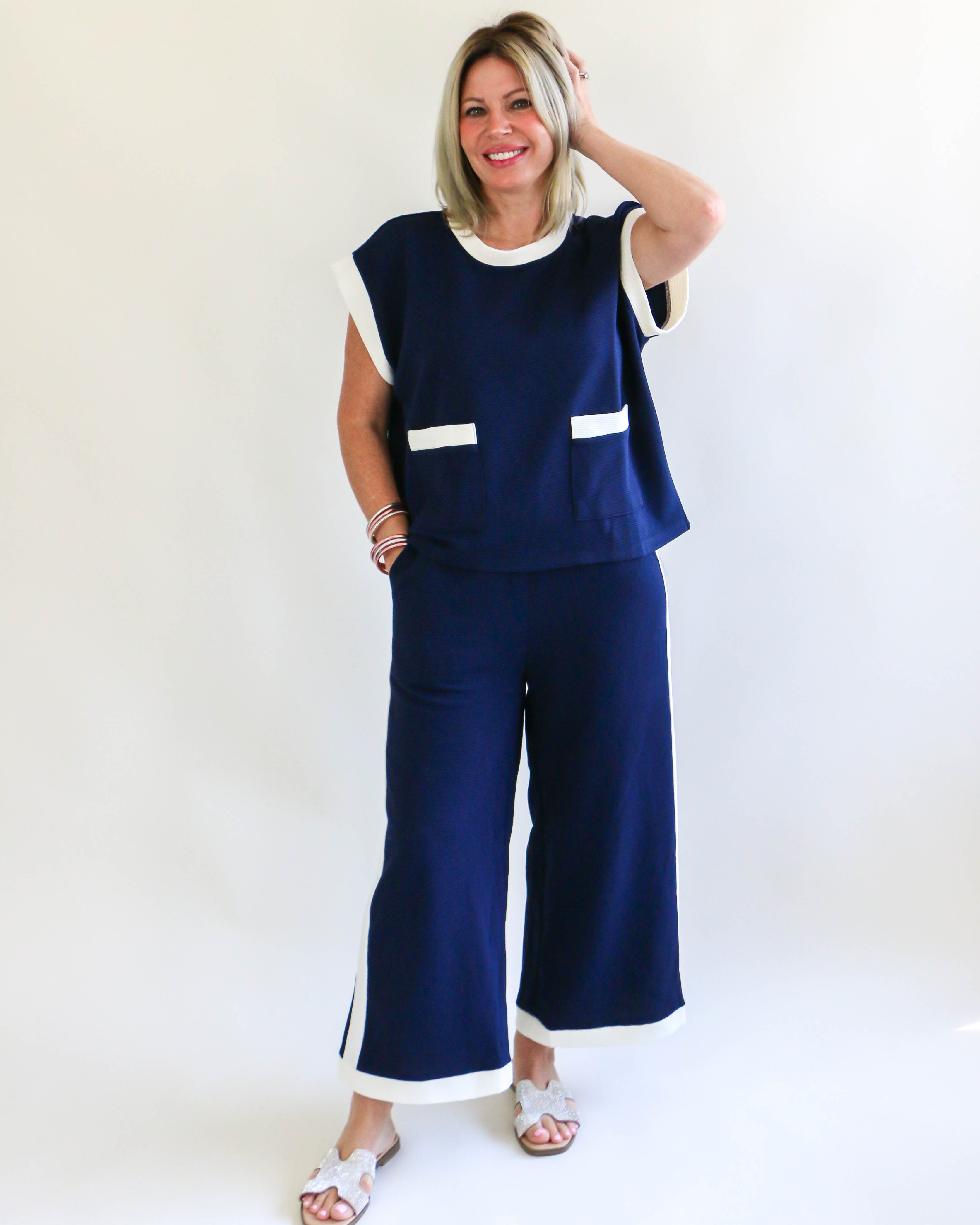 Ribbed Cap Sleeve Top and Wide-Leg Pants Set in Navy