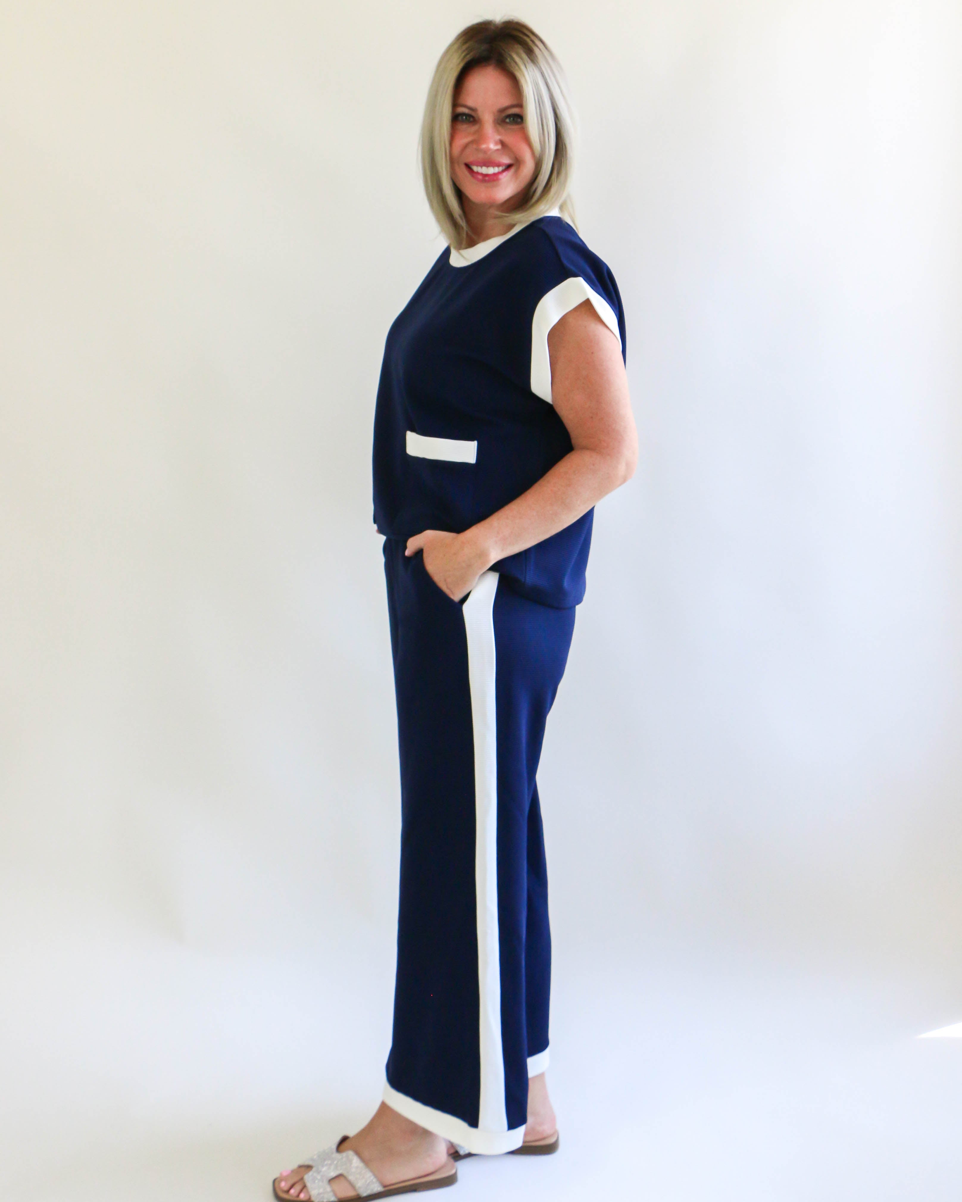 Ribbed Cap Sleeve Top and Wide-Leg Pants Set in Navy