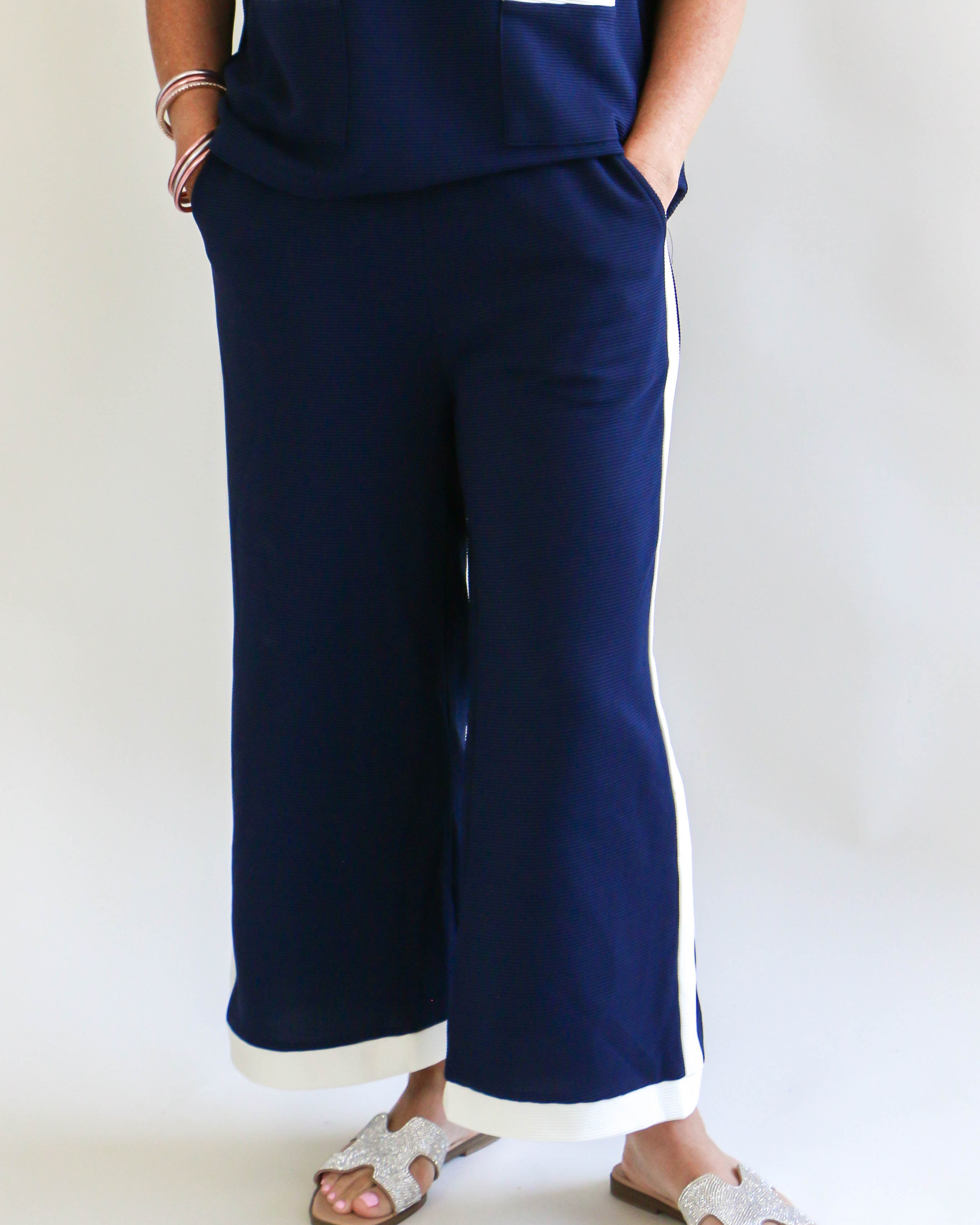 Ribbed Cap Sleeve Top and Wide-Leg Pants Set in Navy