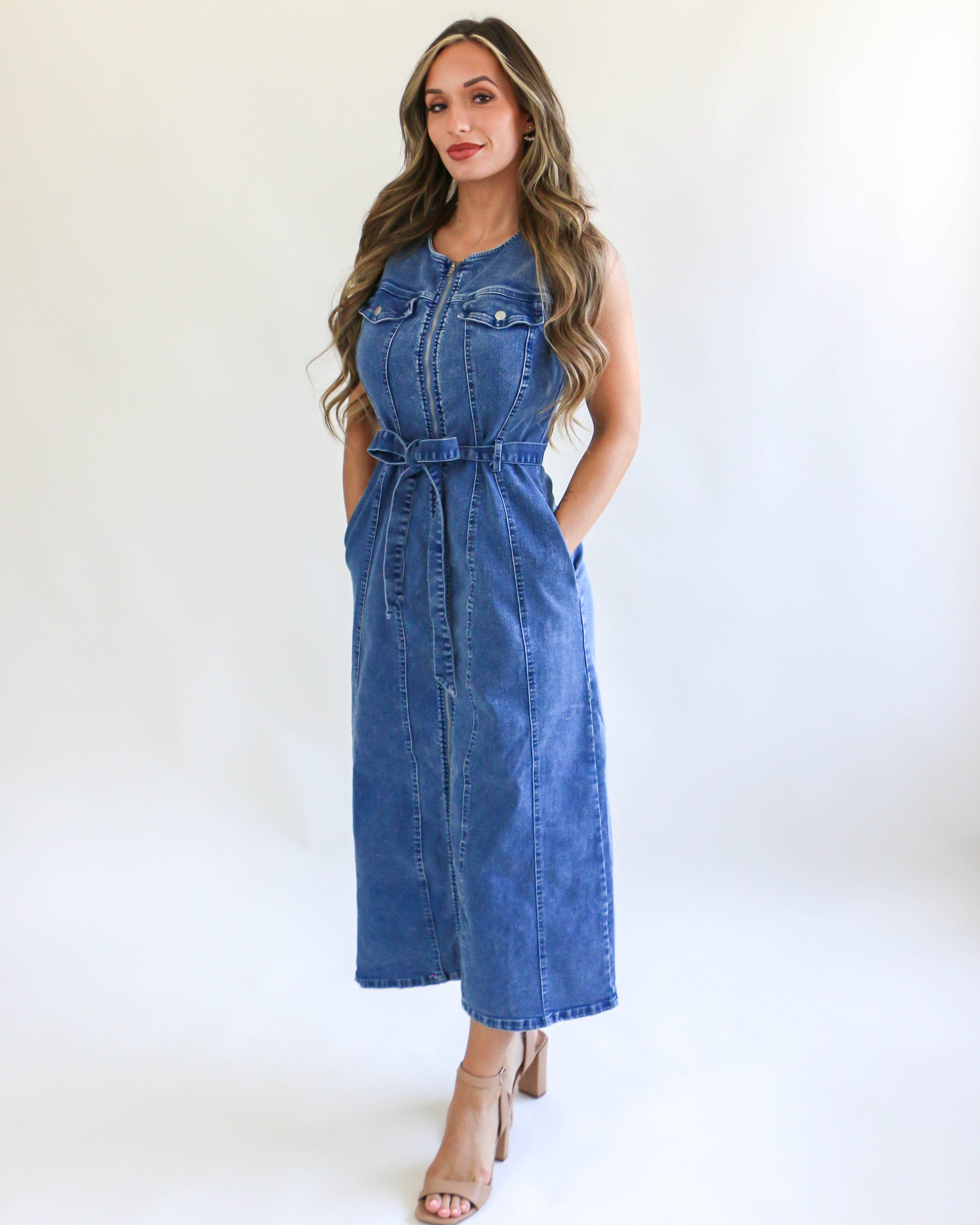 Round Neck Sleeveless Utility Midi Denim Dress