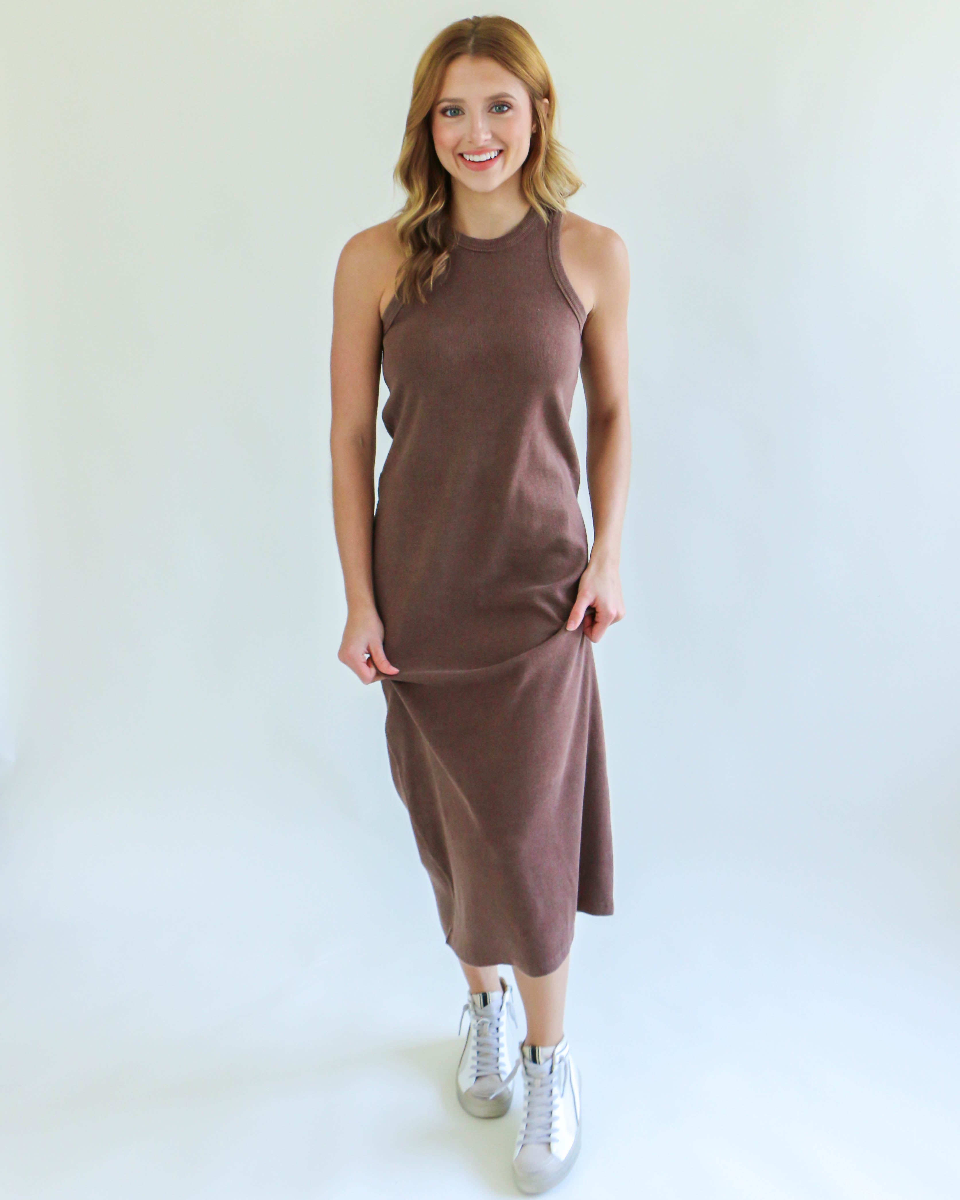 Sleeveless Ribbed Midi-Dress in Chocolate