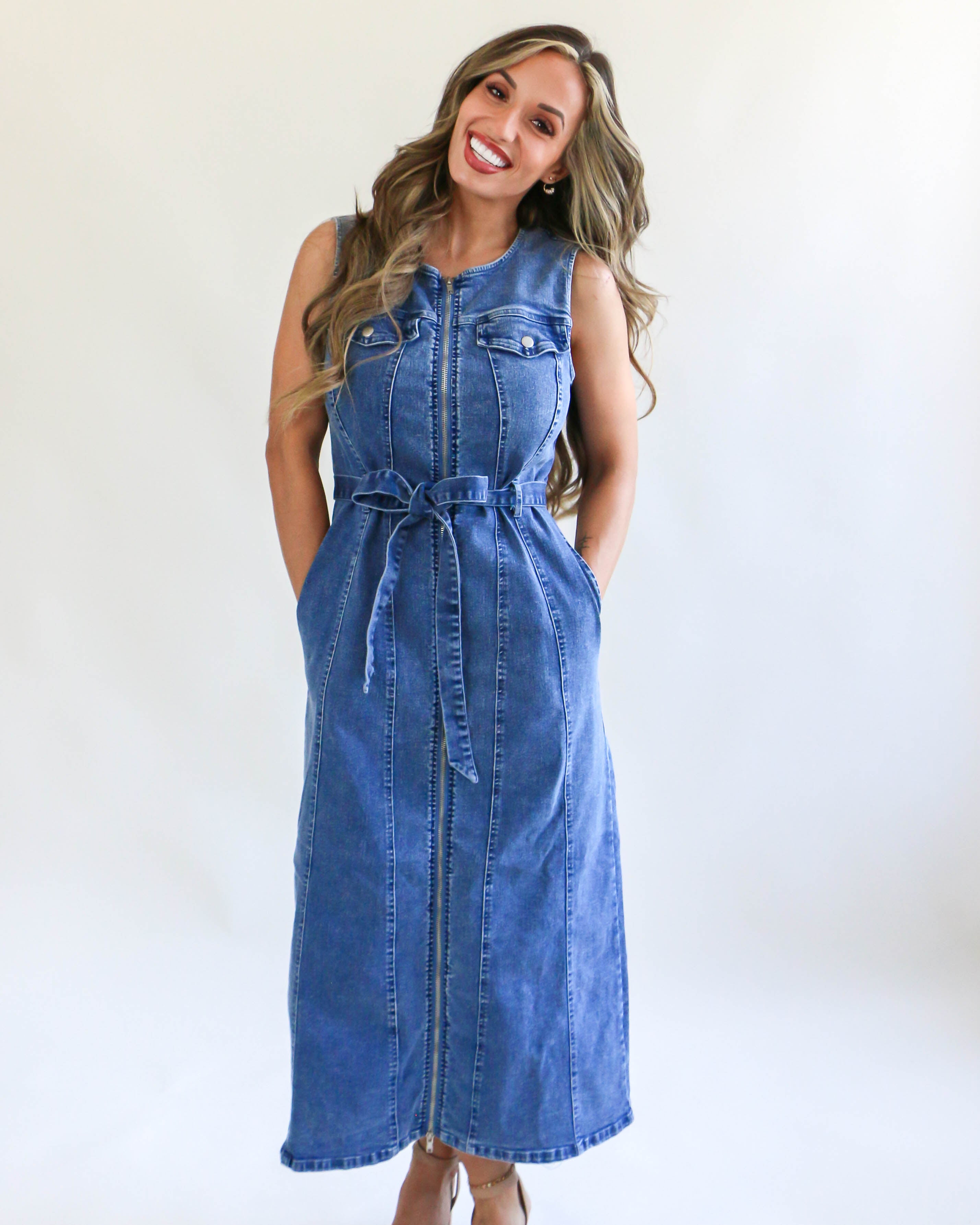 Round Neck Sleeveless Utility Midi Denim Dress