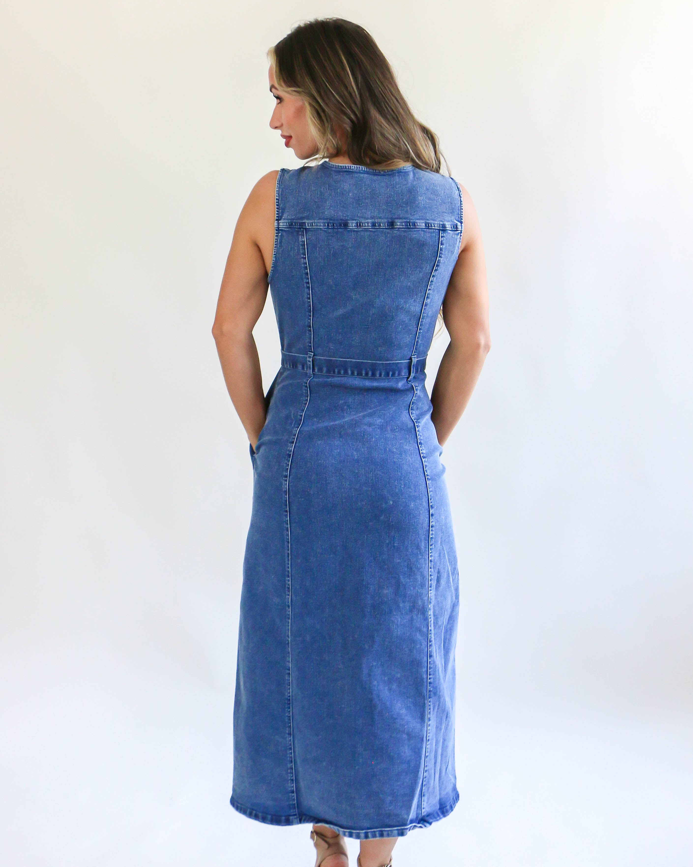 Round Neck Sleeveless Utility Midi Denim Dress