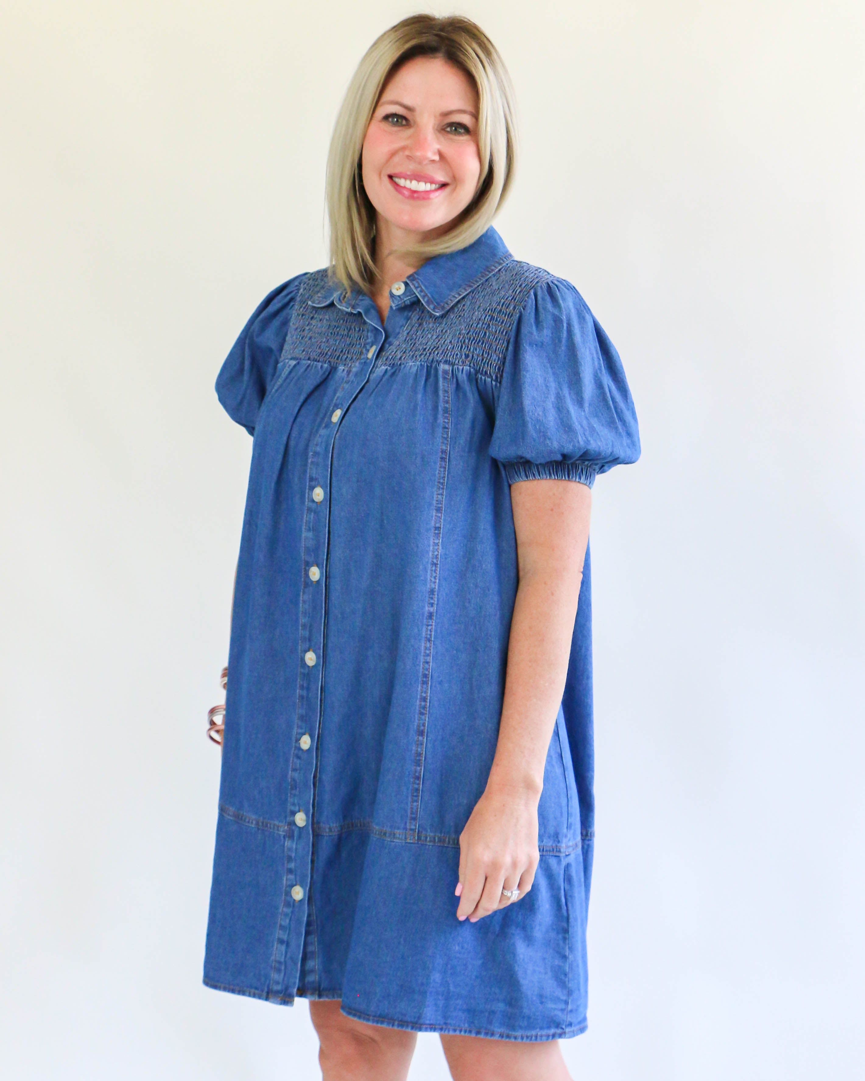 Denim Smocked Mini Dress