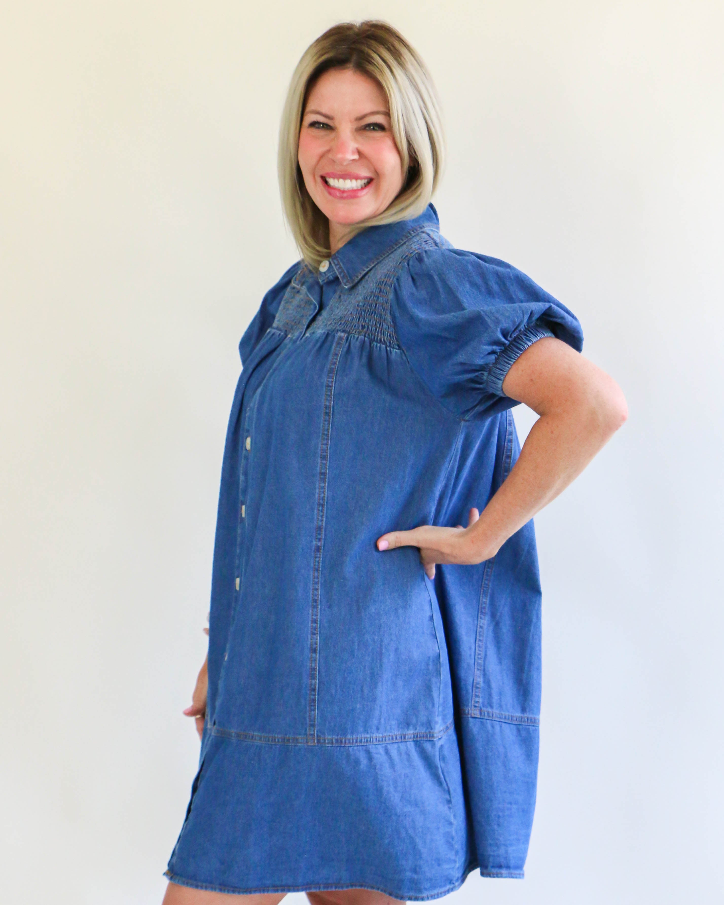 Denim Smocked Mini Dress