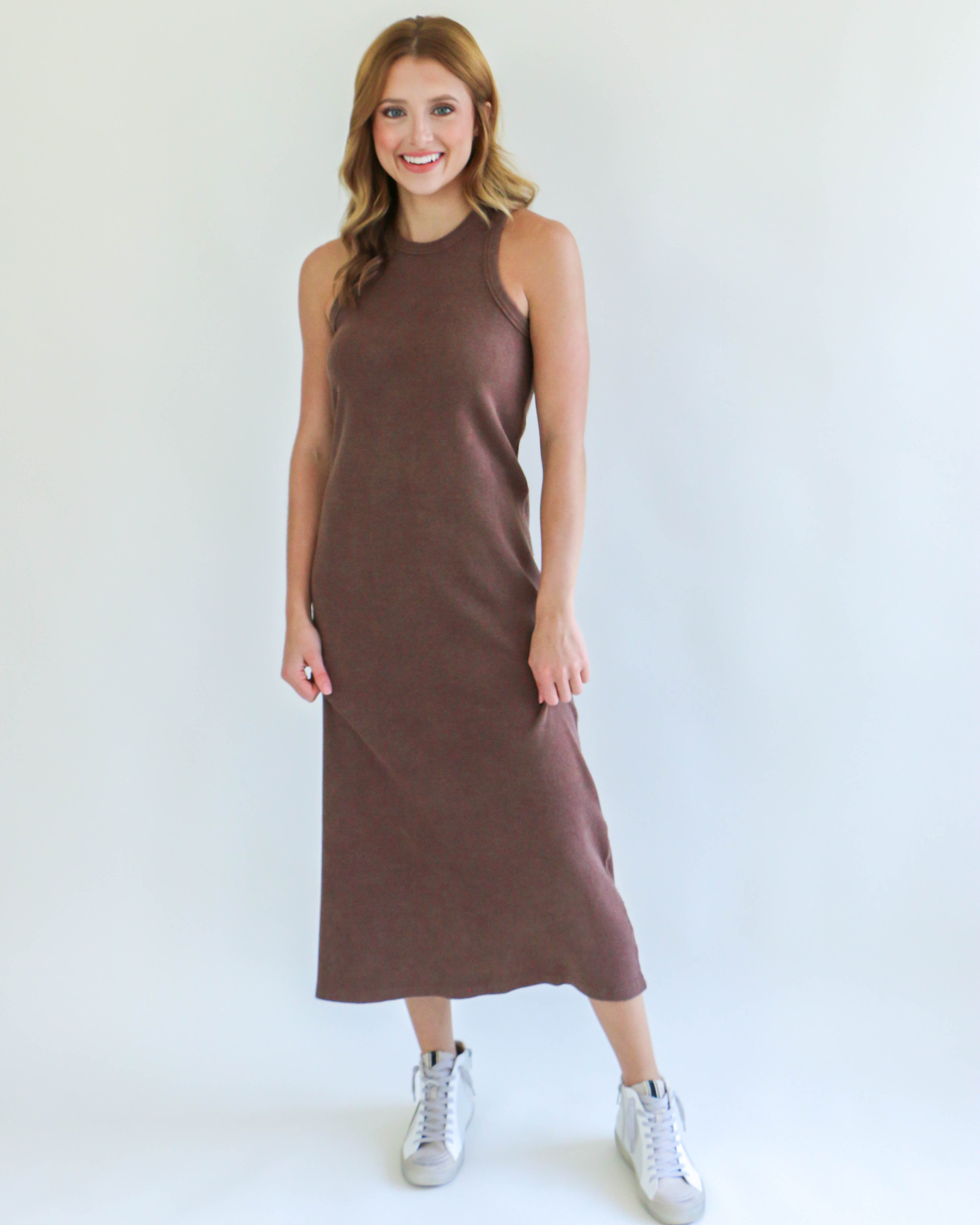 Sleeveless Ribbed Midi-Dress in Chocolate