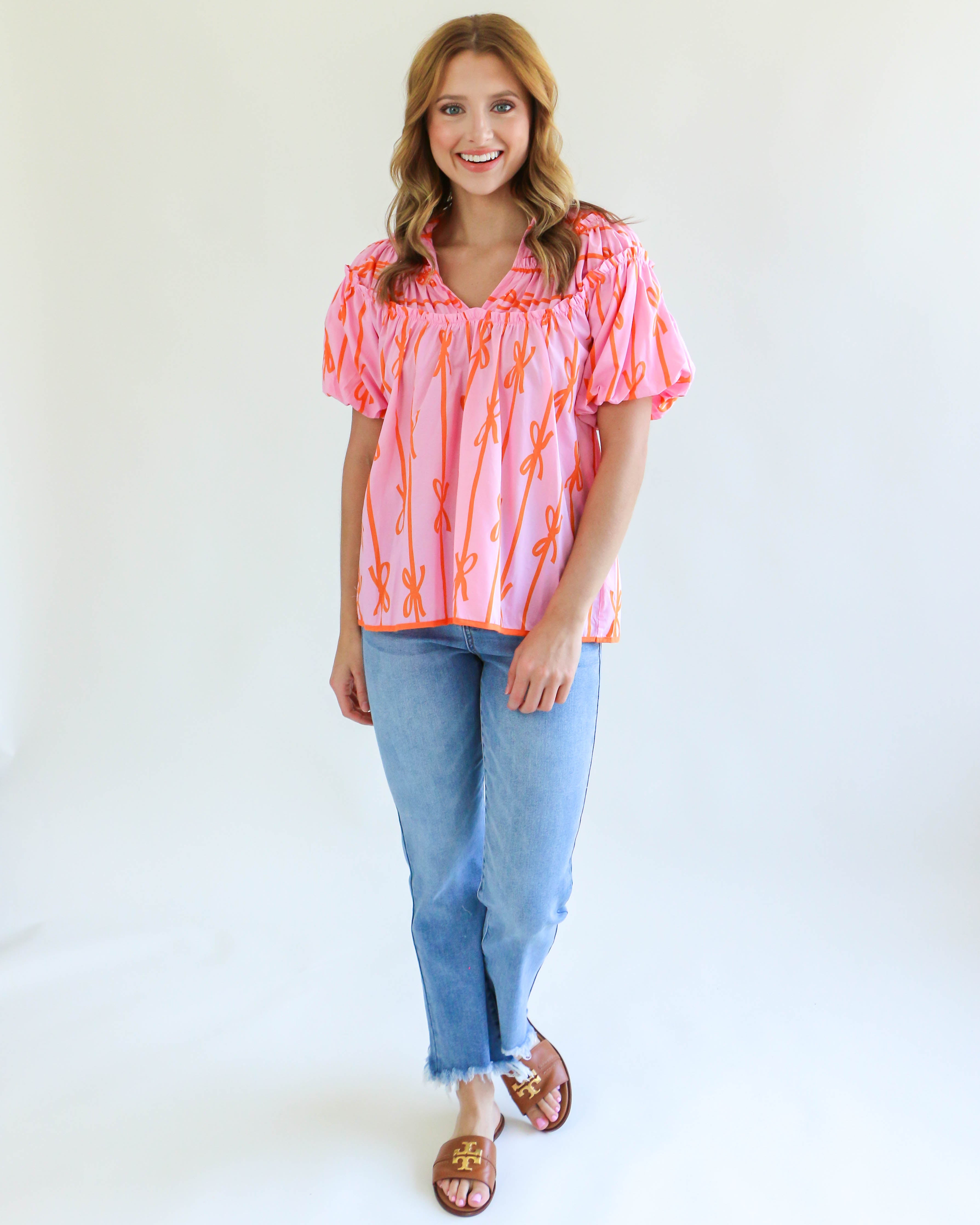 Orange Ribbon Print Shirring Neckline Top