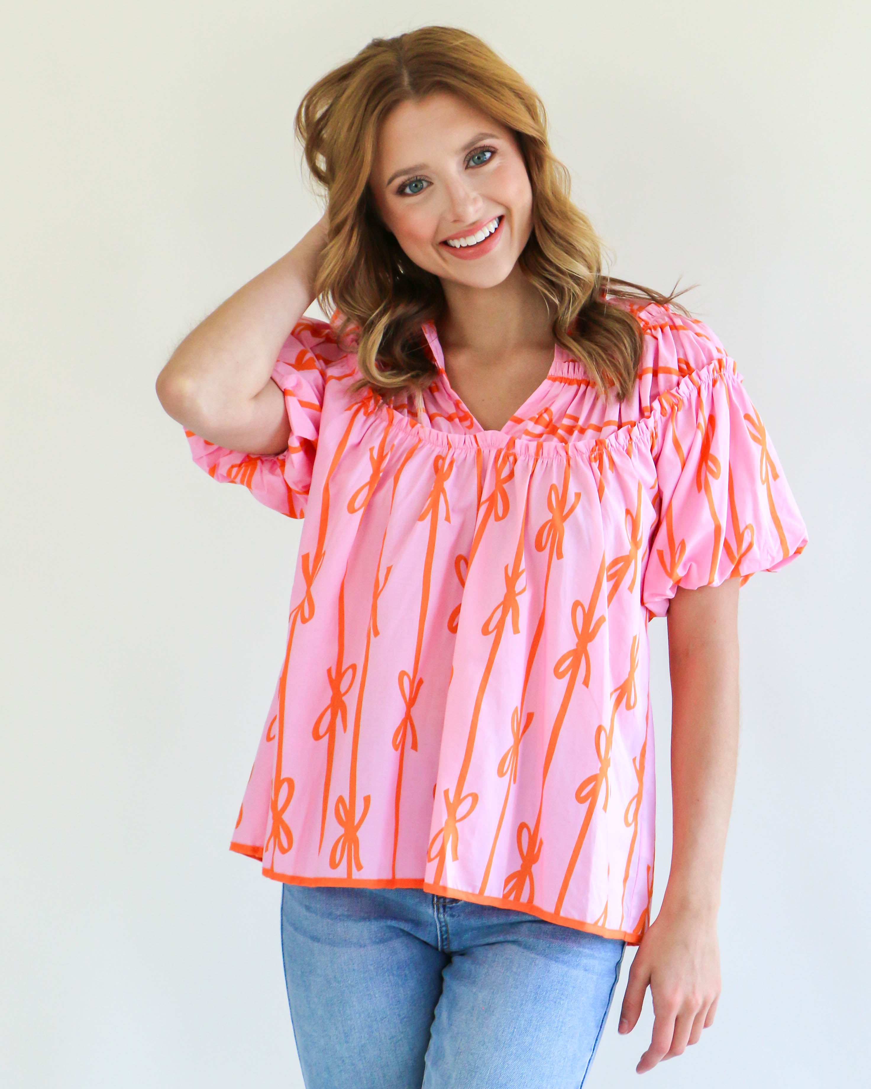 Orange Ribbon Print Shirring Neckline Top