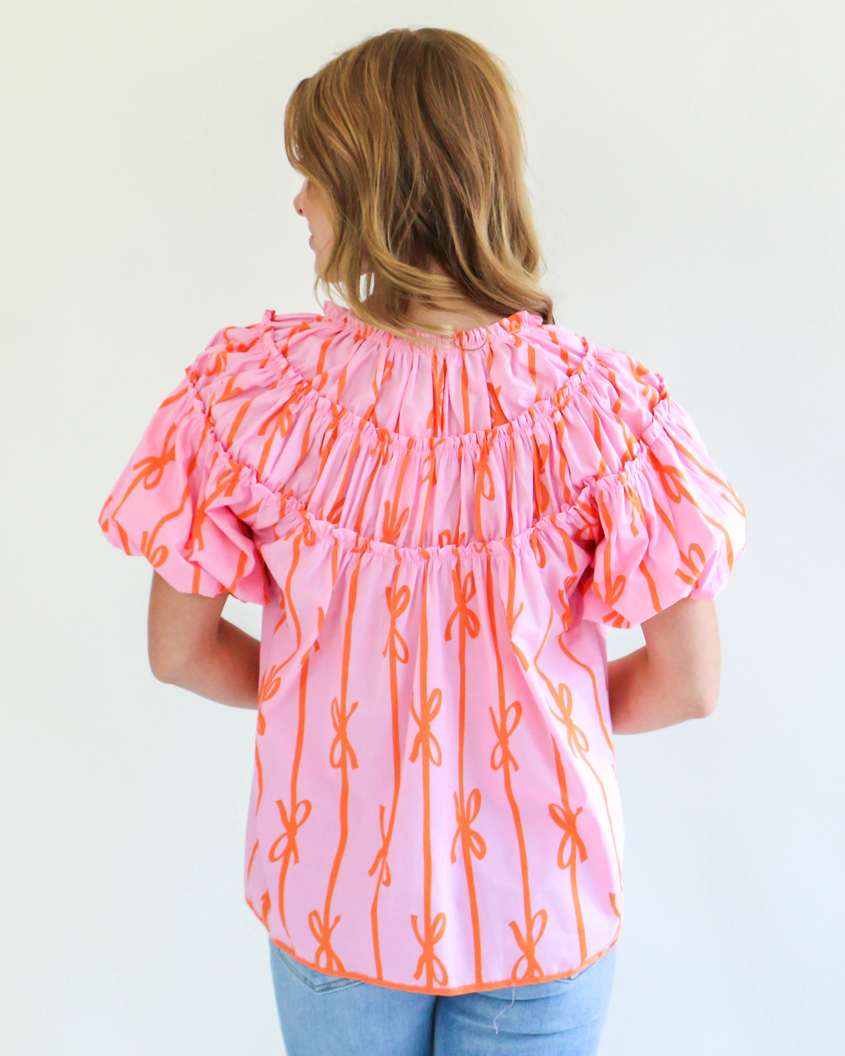 Orange Ribbon Print Shirring Neckline Top