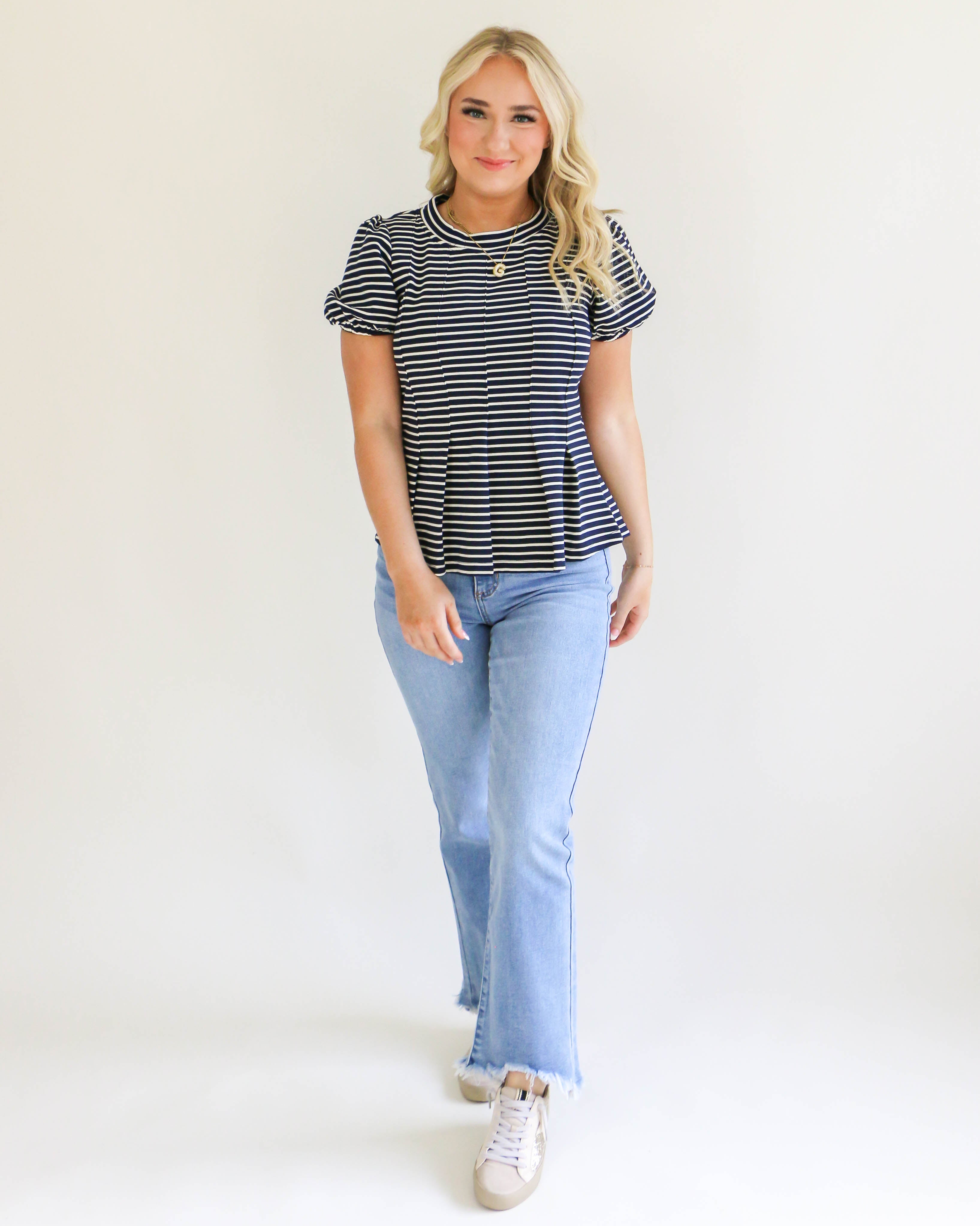 Navy Stripe Puff Sleeve Top