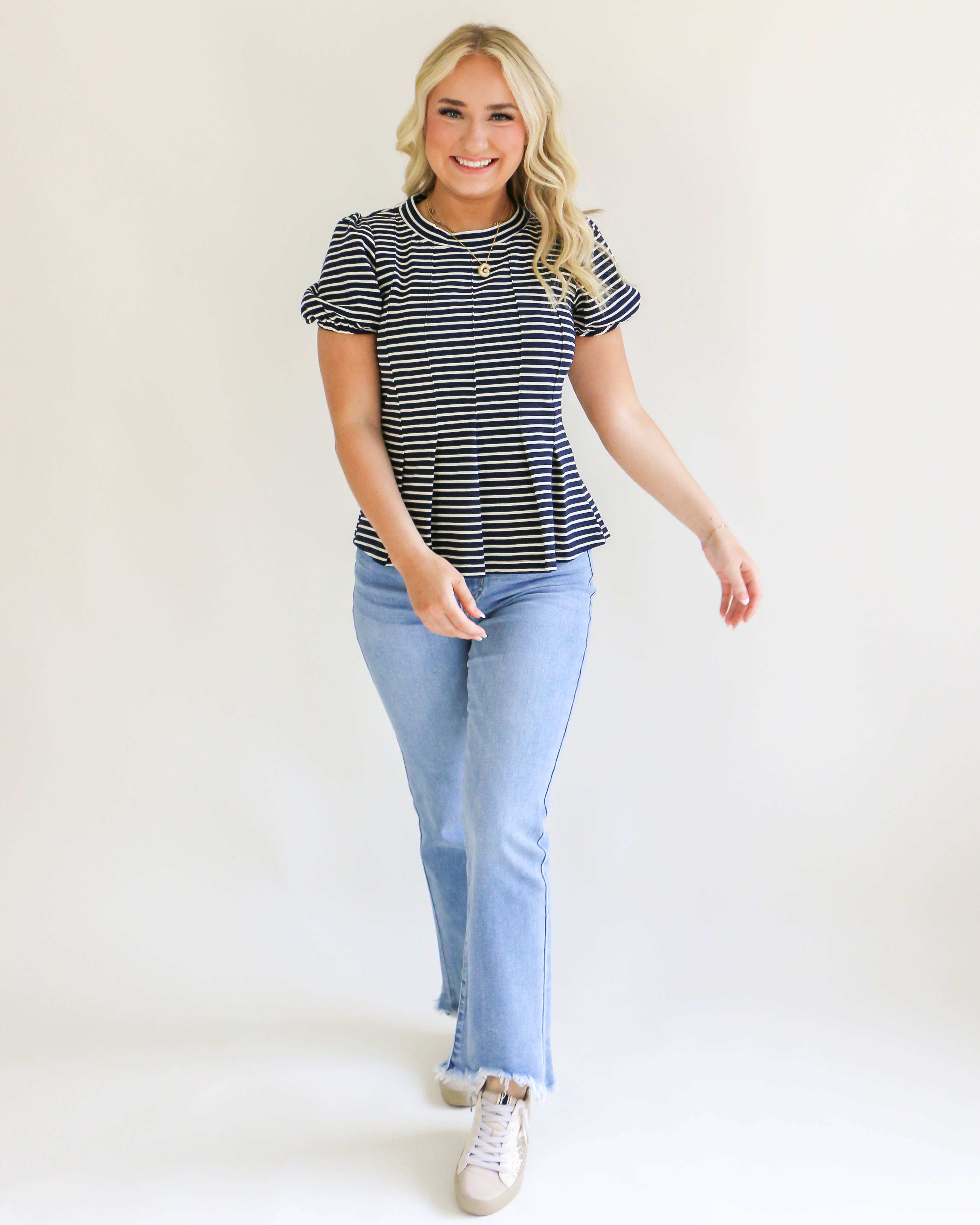 Navy Stripe Puff Sleeve Top