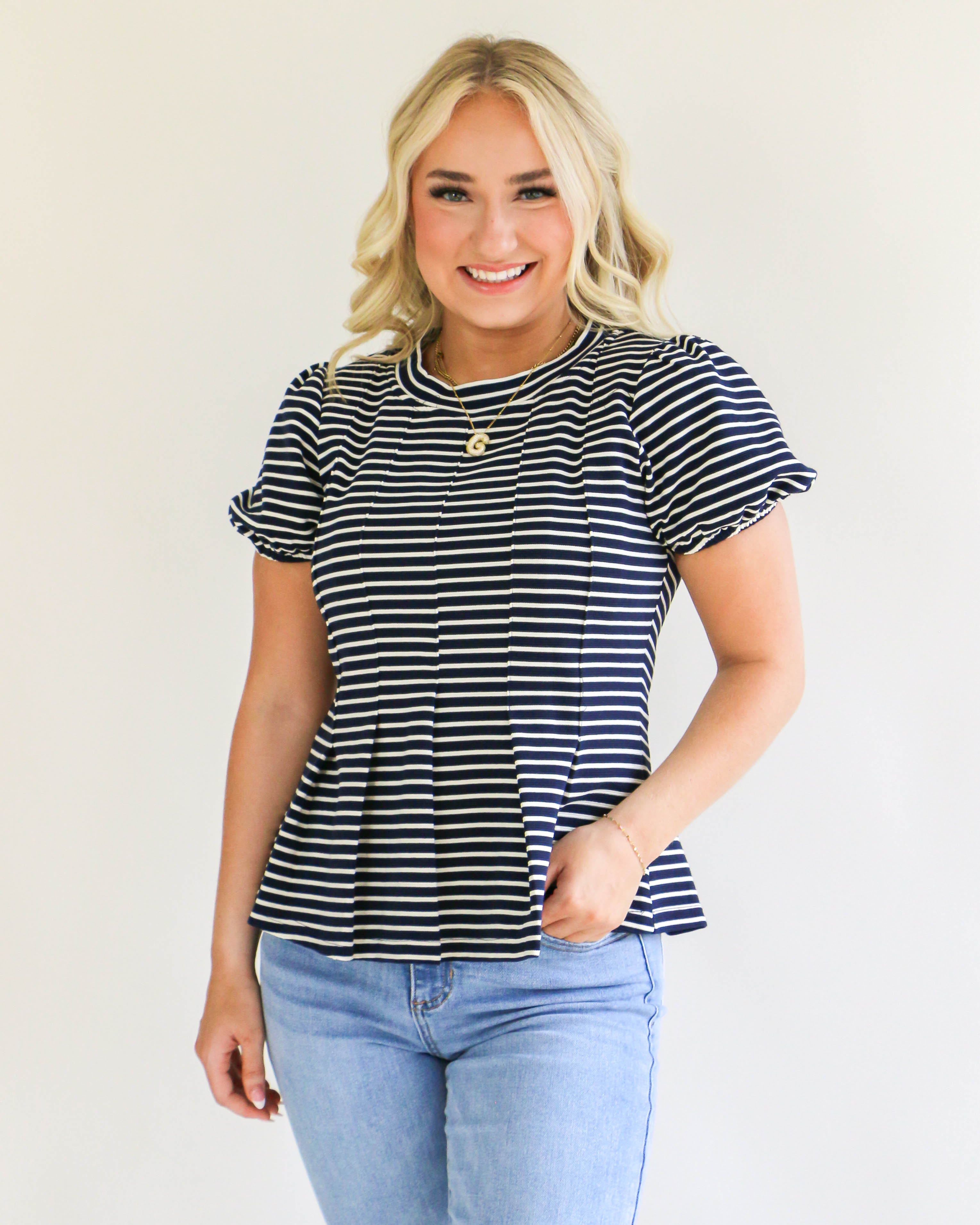 Navy Stripe Puff Sleeve Top