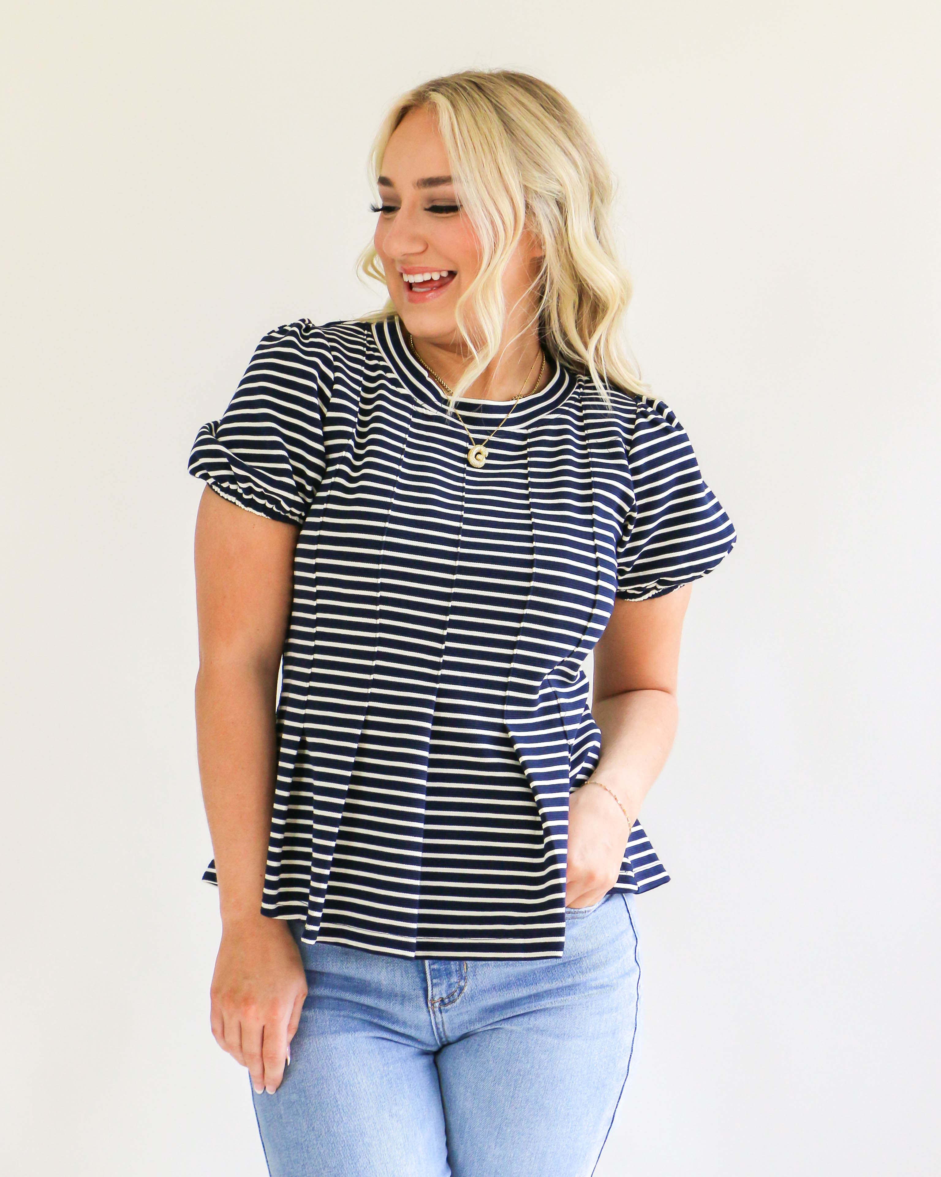 Navy Stripe Puff Sleeve Top