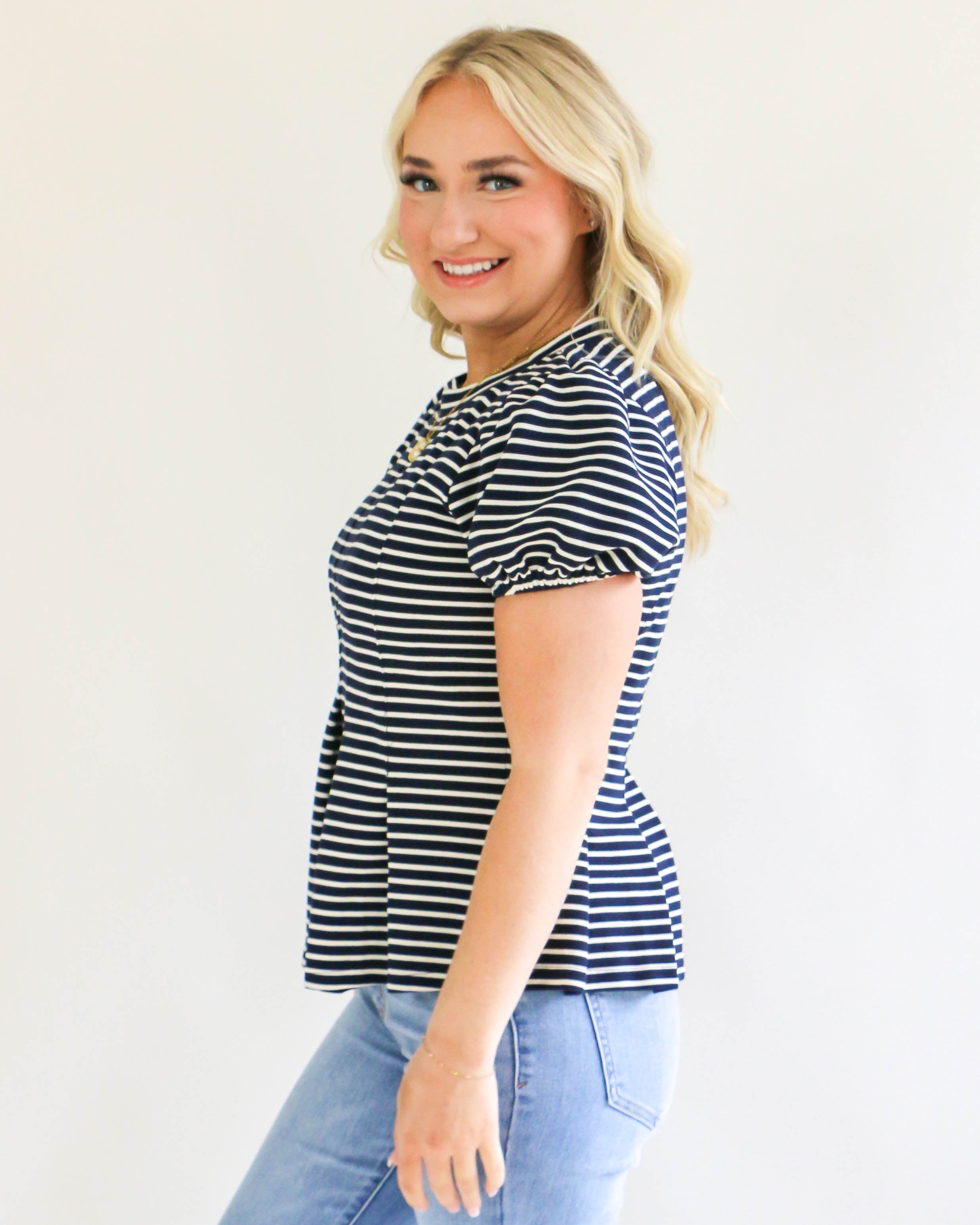 Navy Stripe Puff Sleeve Top