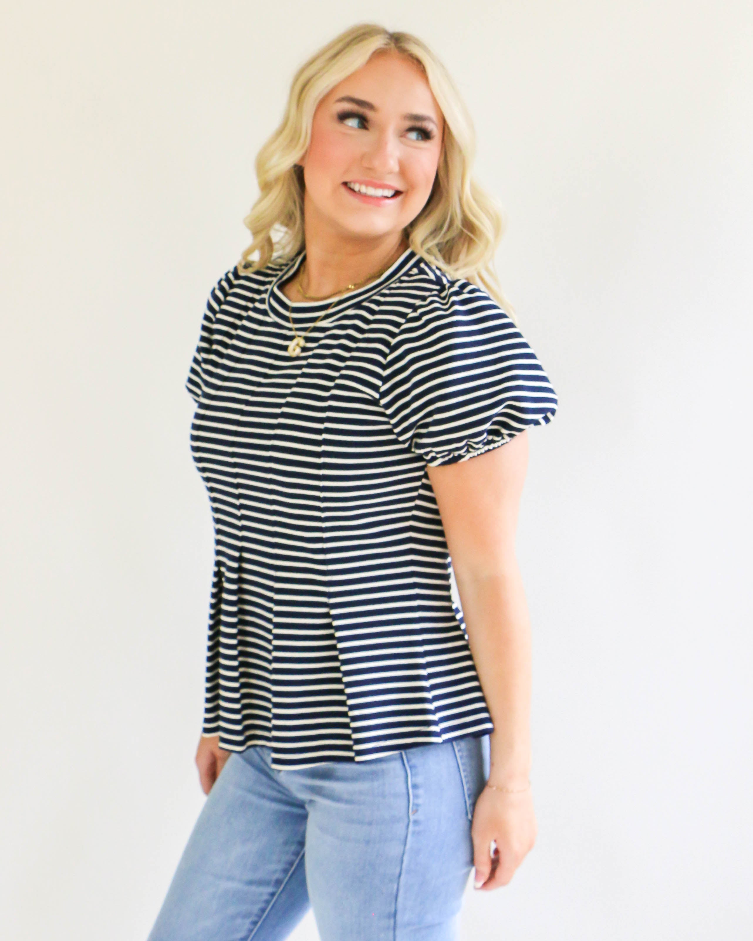 Navy Stripe Puff Sleeve Top