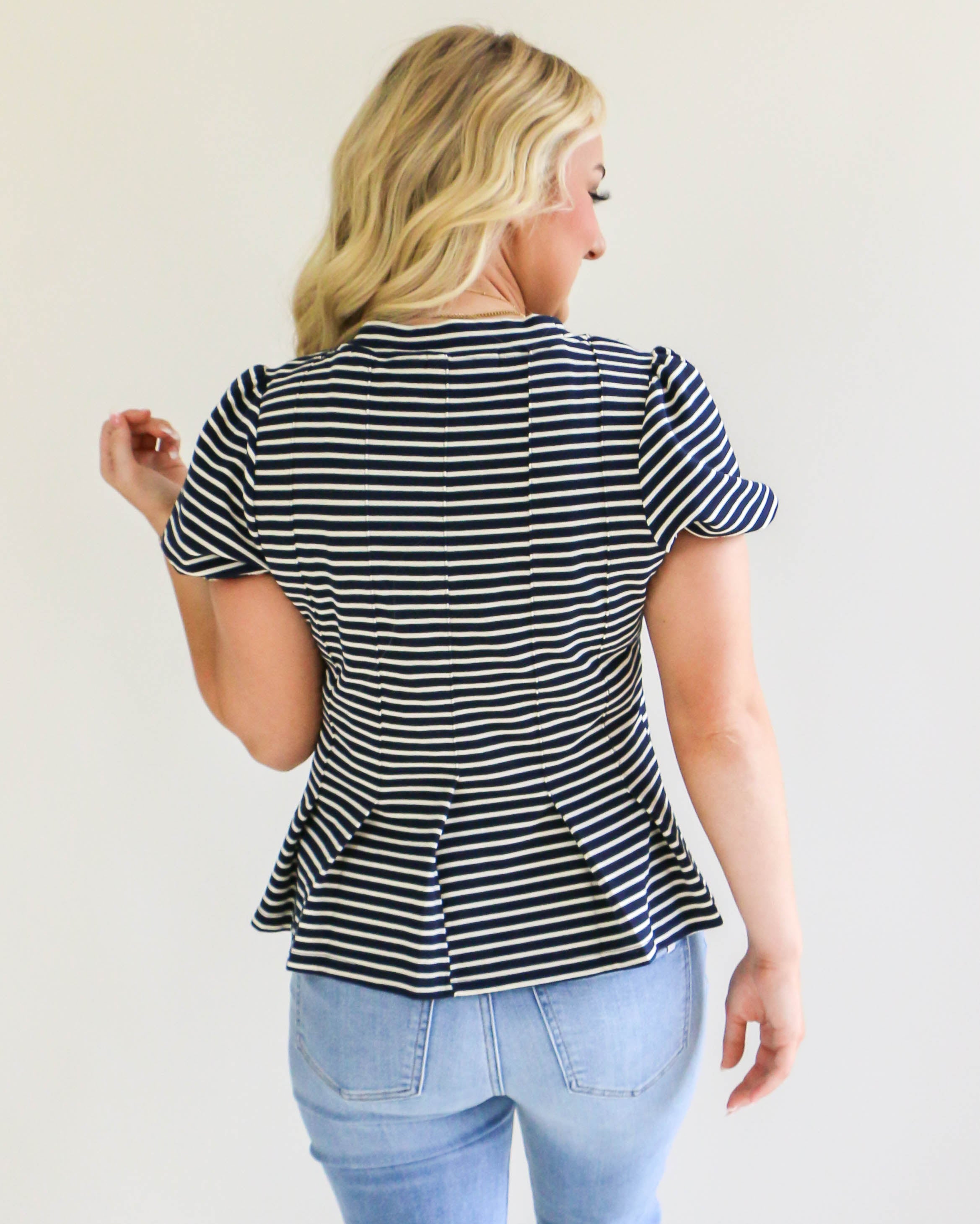 Navy Stripe Puff Sleeve Top