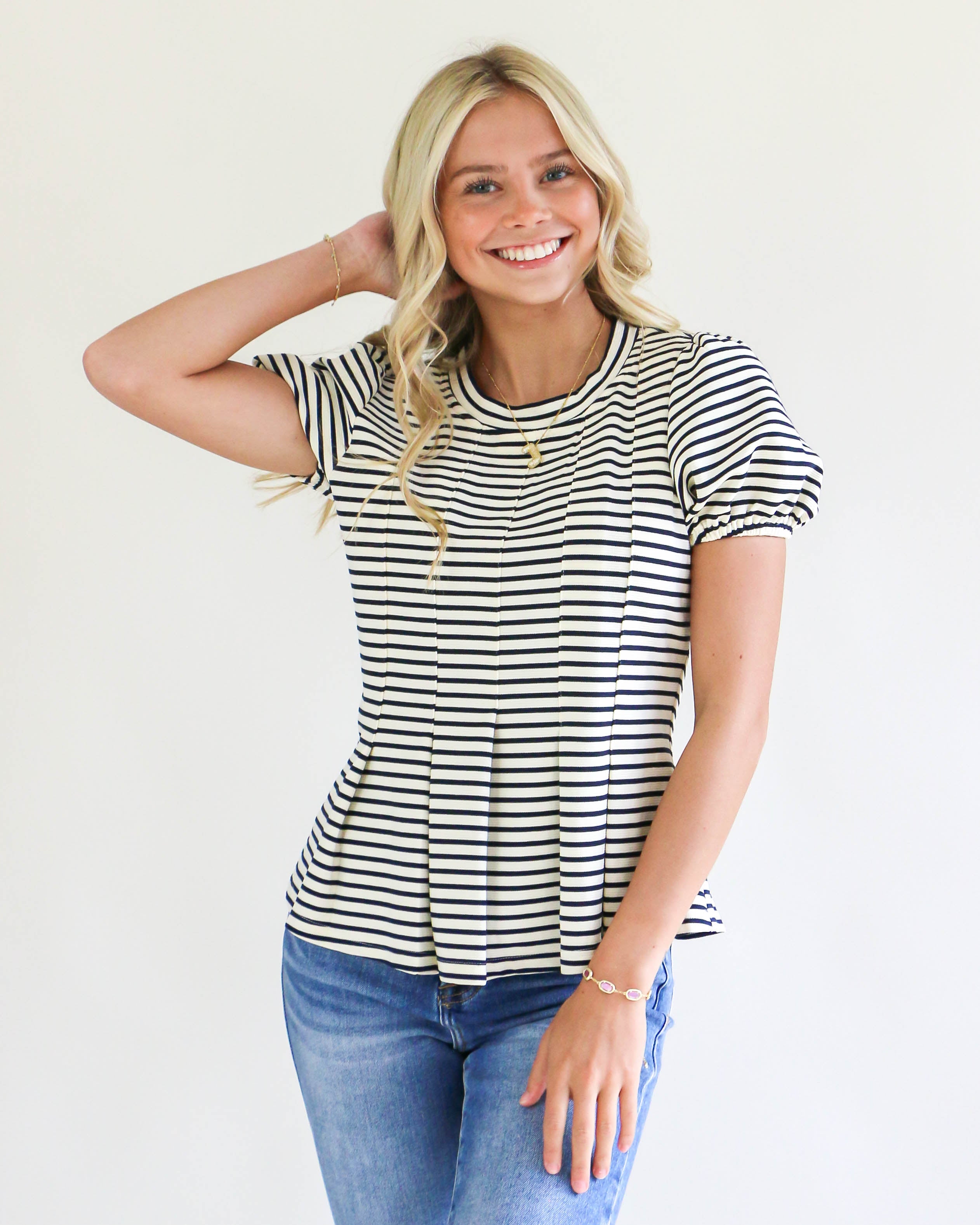 Cream Stripe Puff Sleeve Top