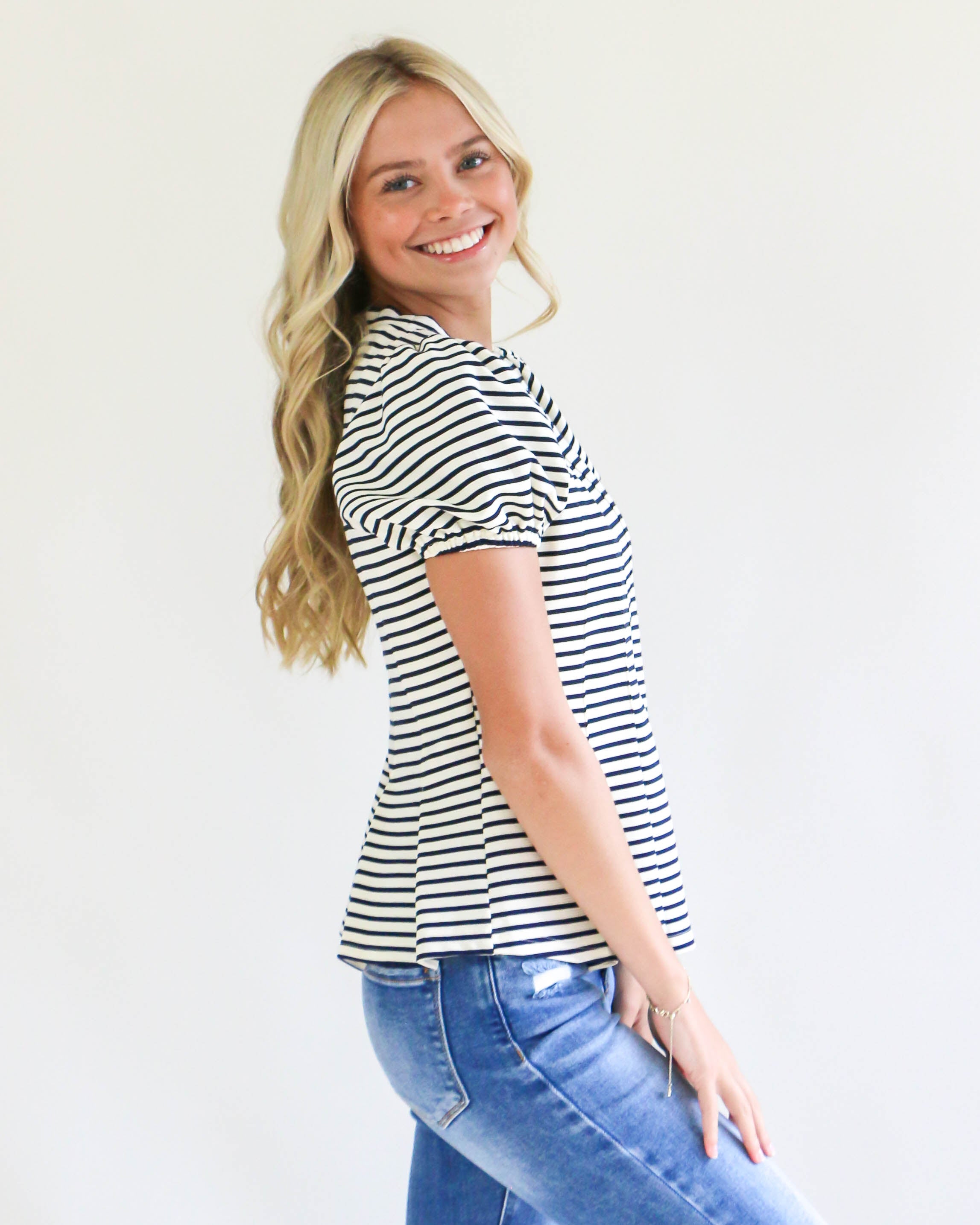 Cream Stripe Puff Sleeve Top