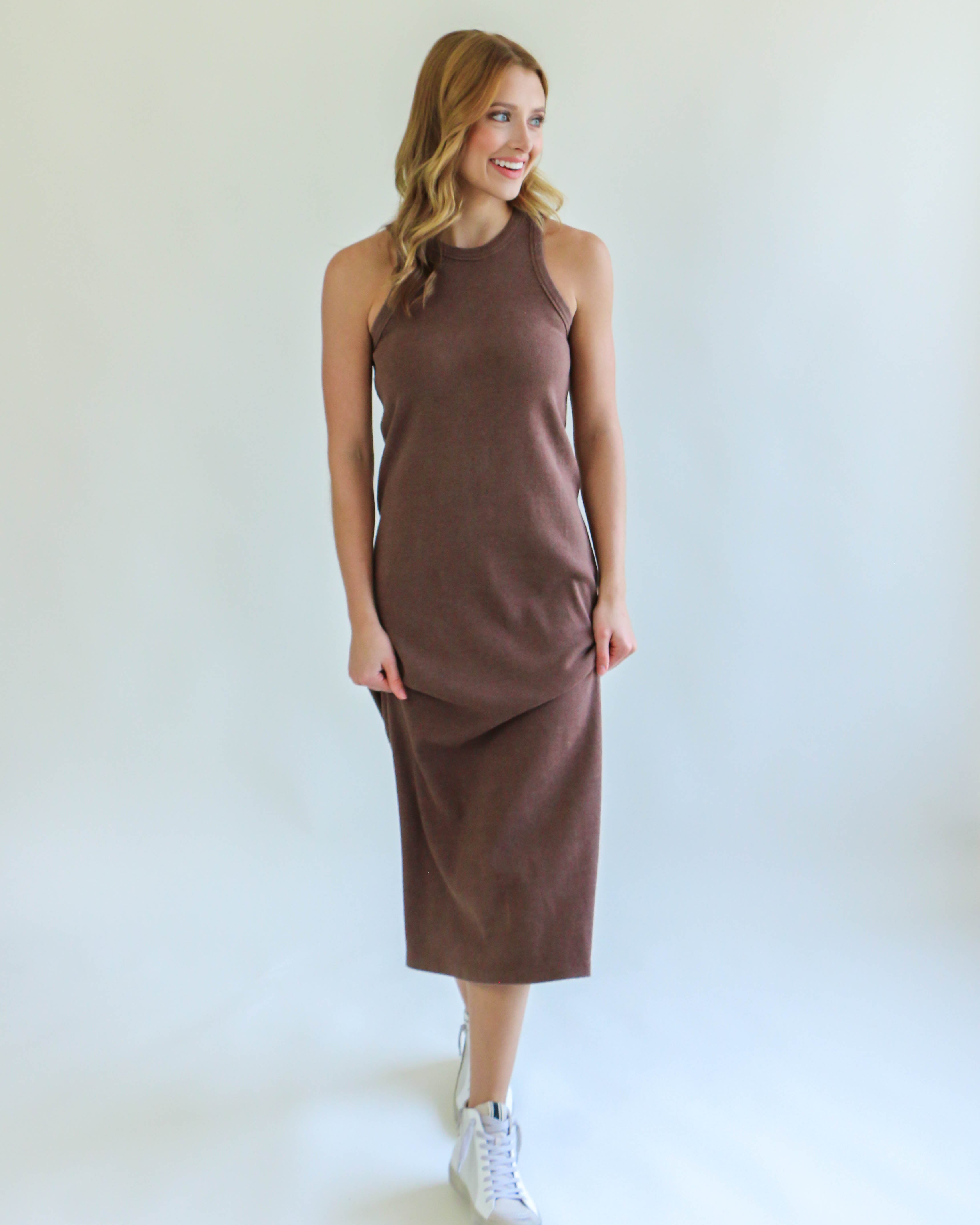 Sleeveless Ribbed Midi-Dress in Chocolate