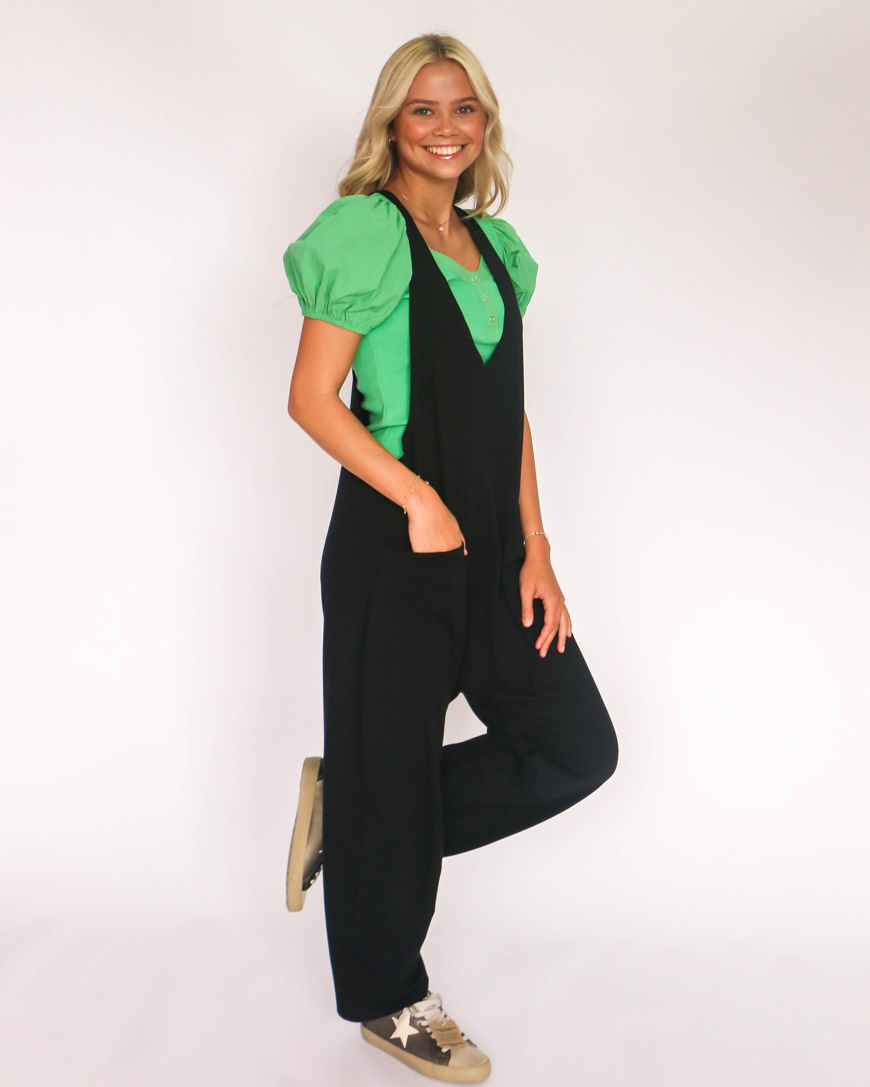 Casual Loose Fit Solid Knit Baggy Jumpsuit in Black