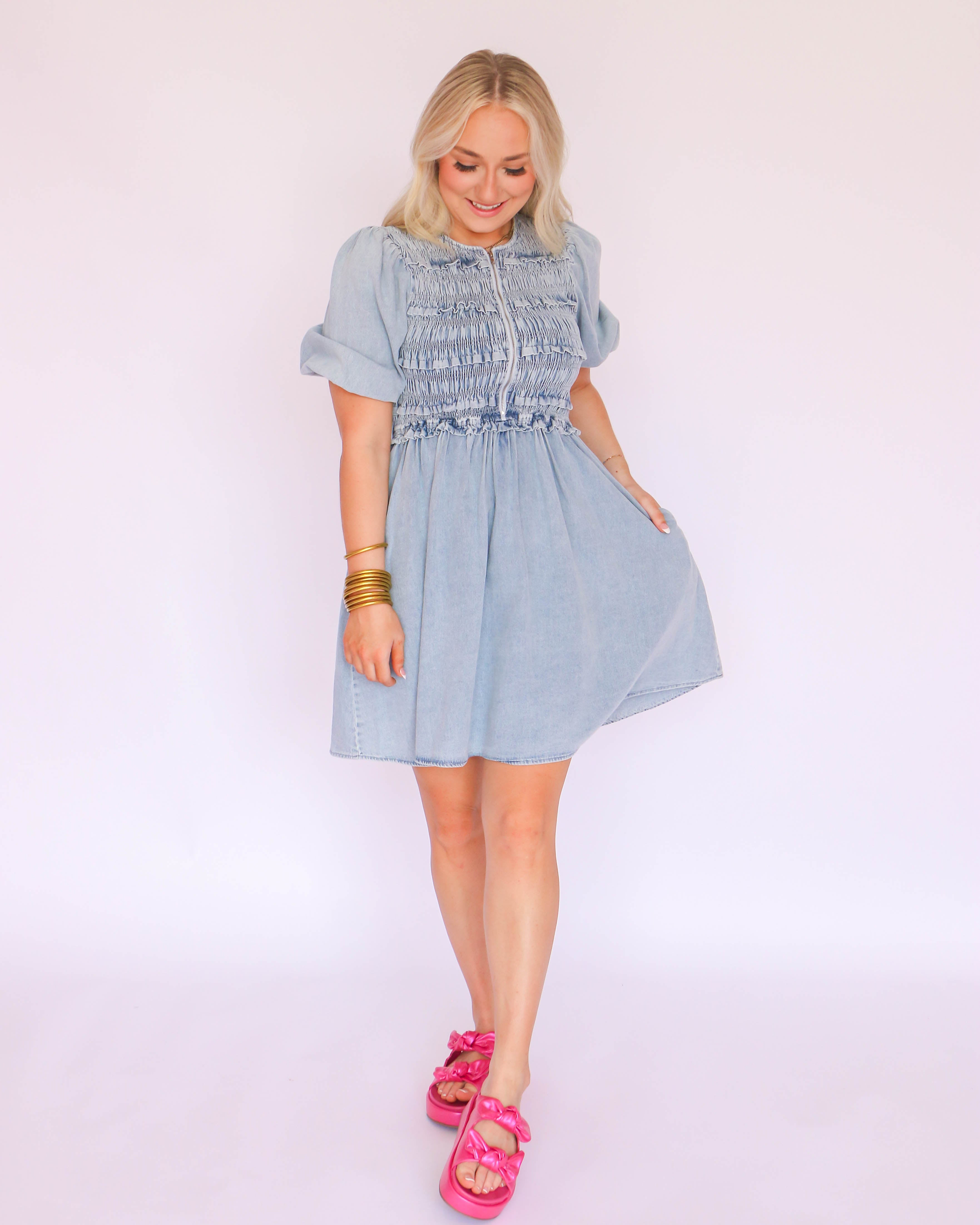 Light Denim Smocked Mini Dress