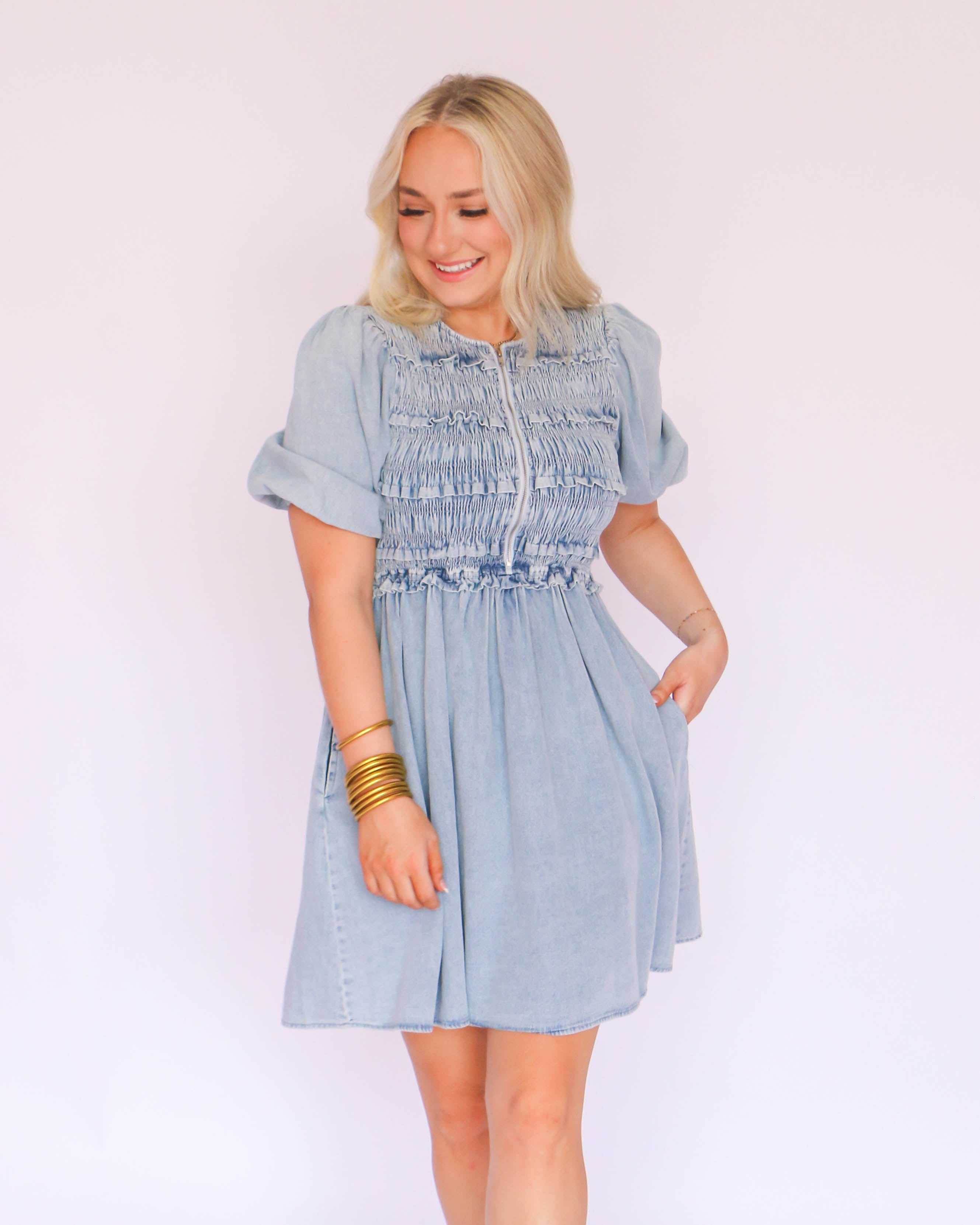 Light Denim Smocked Mini Dress