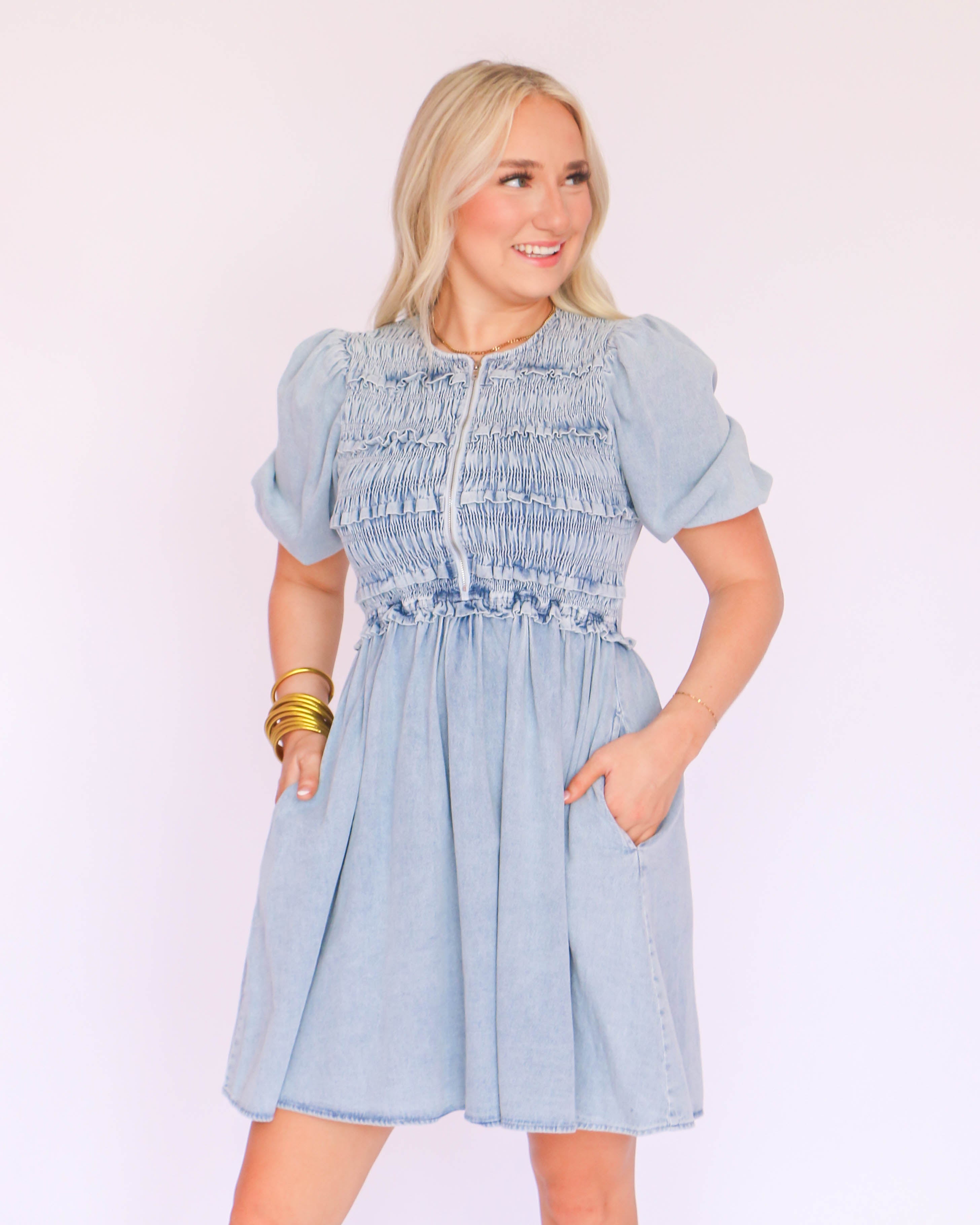 Light Denim Smocked Mini Dress