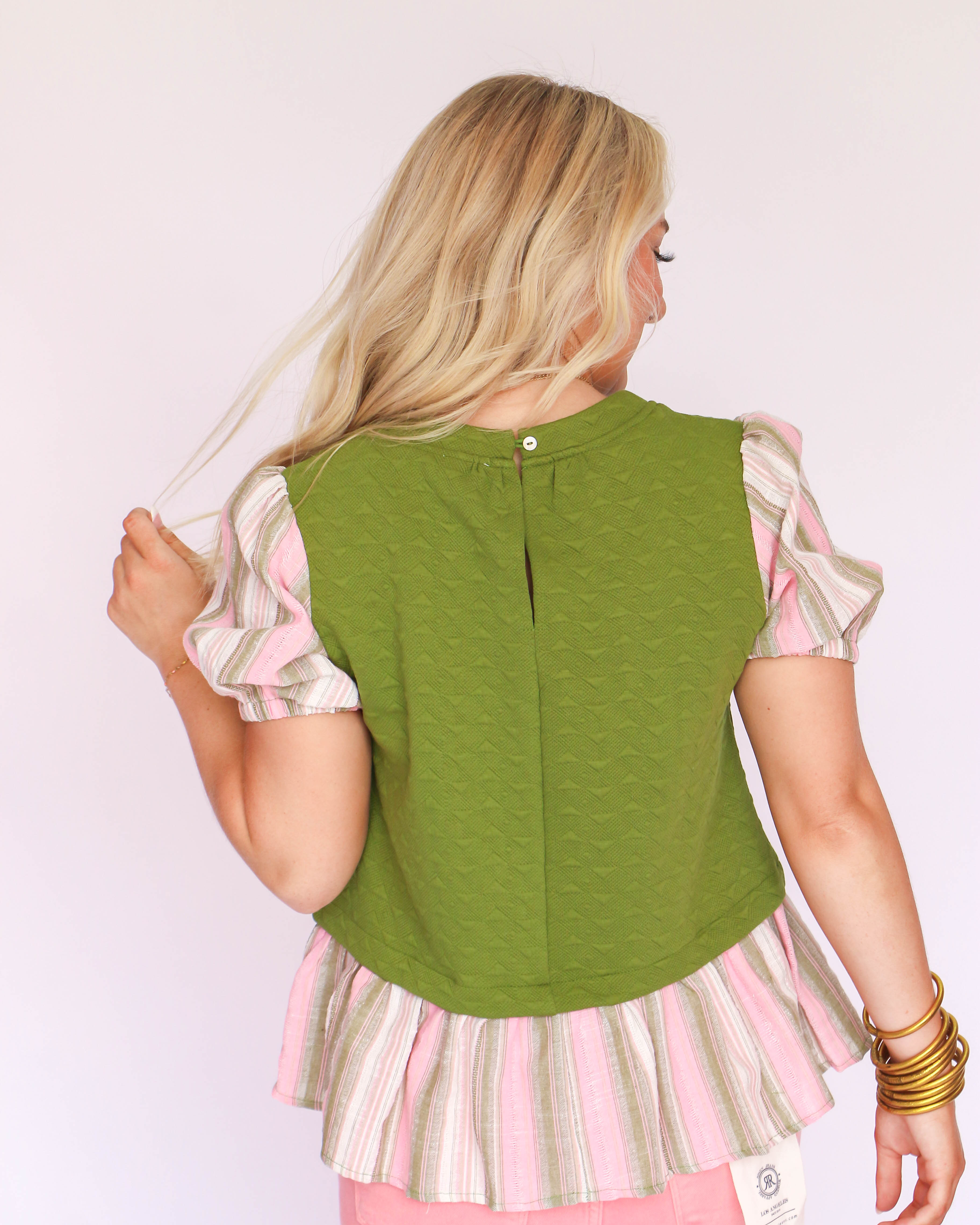 Olive Green Top with Pink and Green Detail