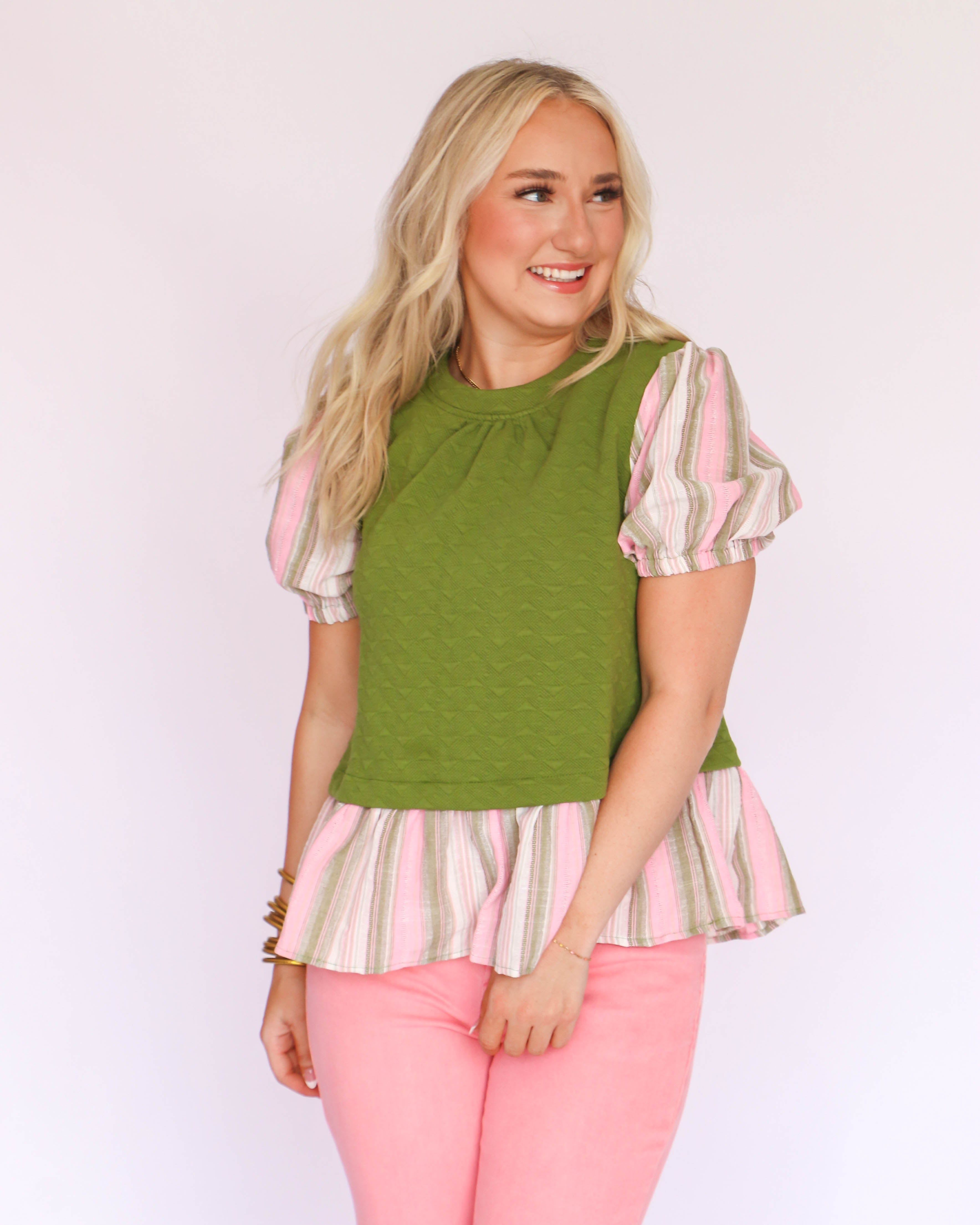 Olive Green Top with Pink and Green Detail