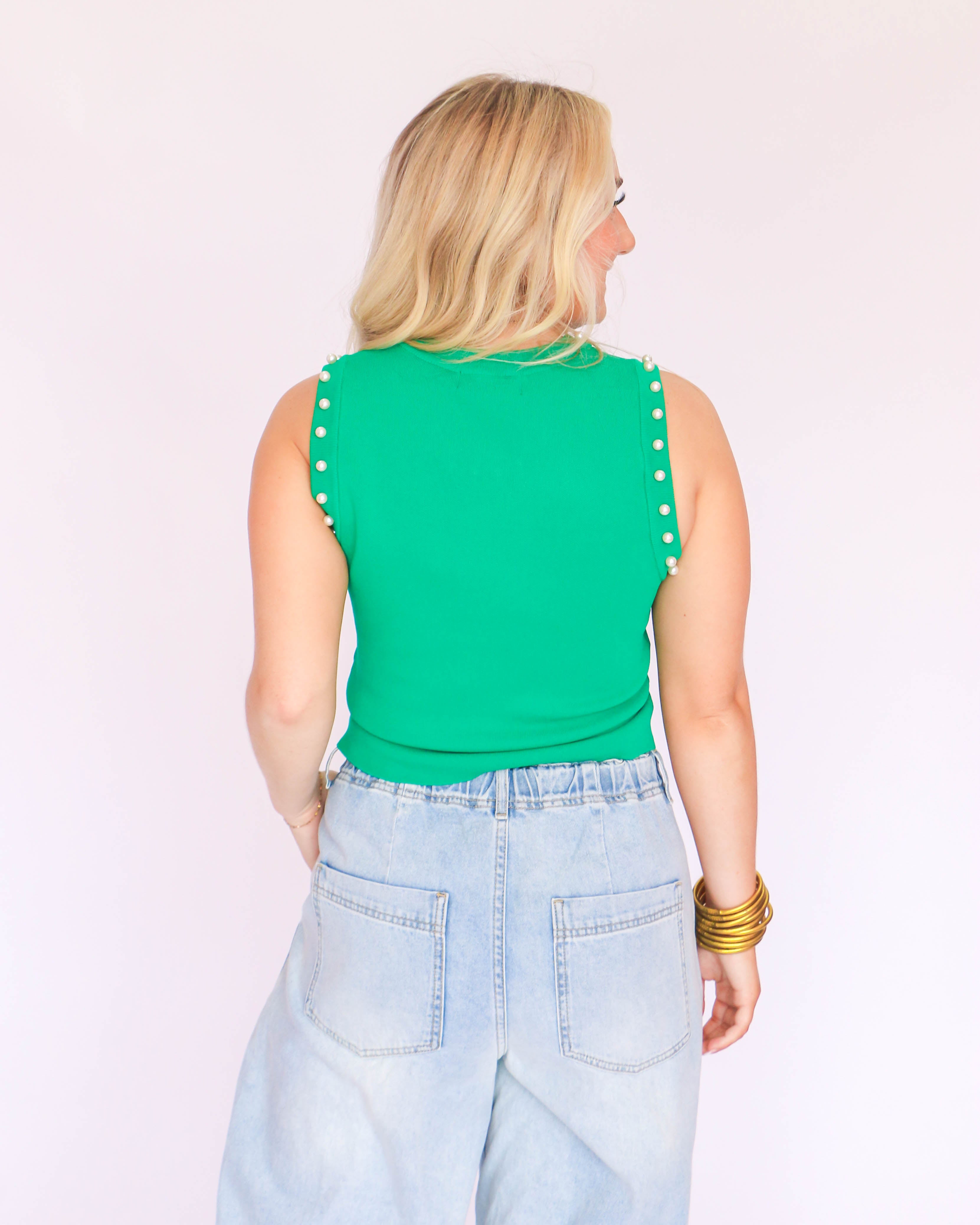 Green Round Neck Pearl Top