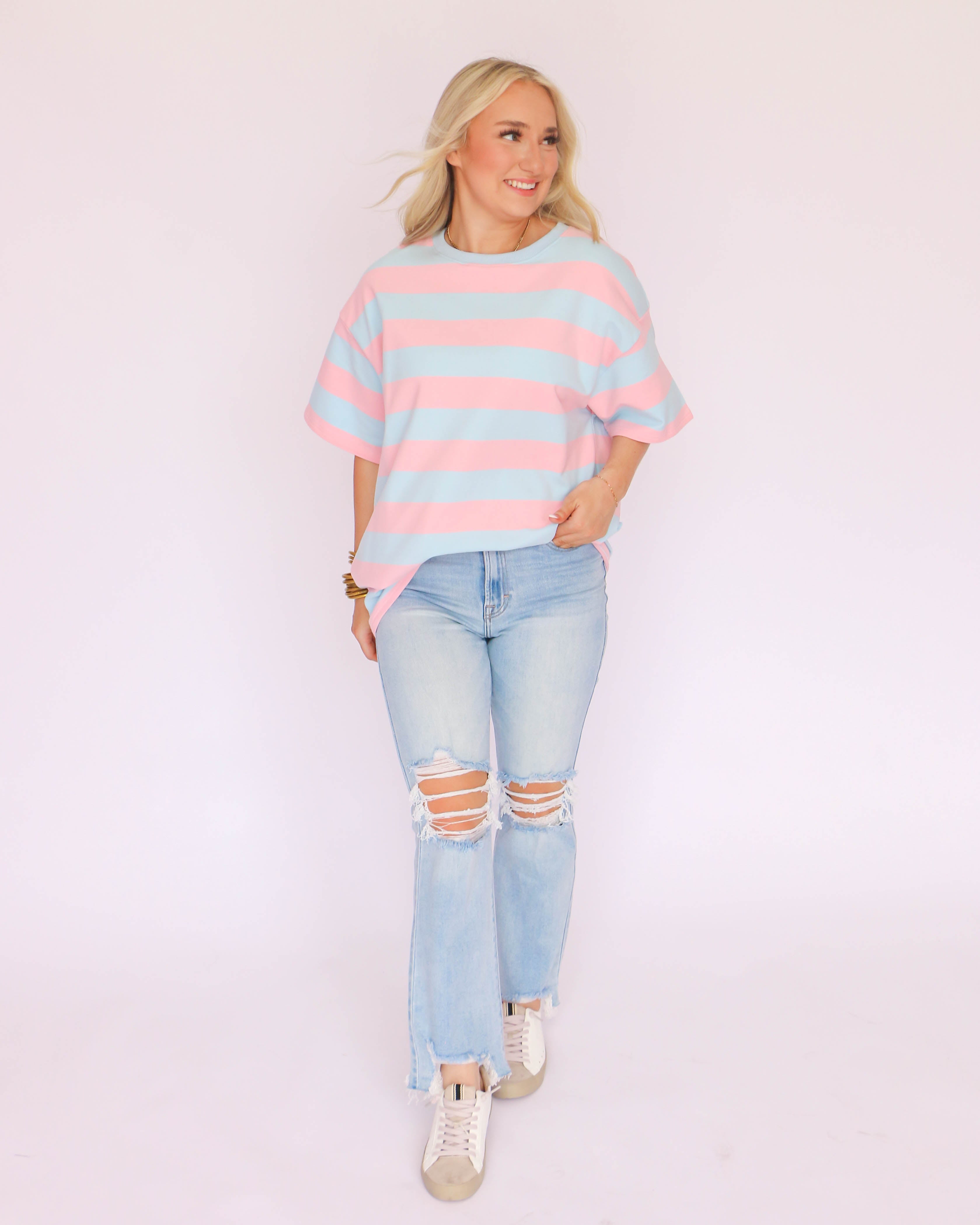 Pink and Blue Stripe Short Sleeve Basic Top