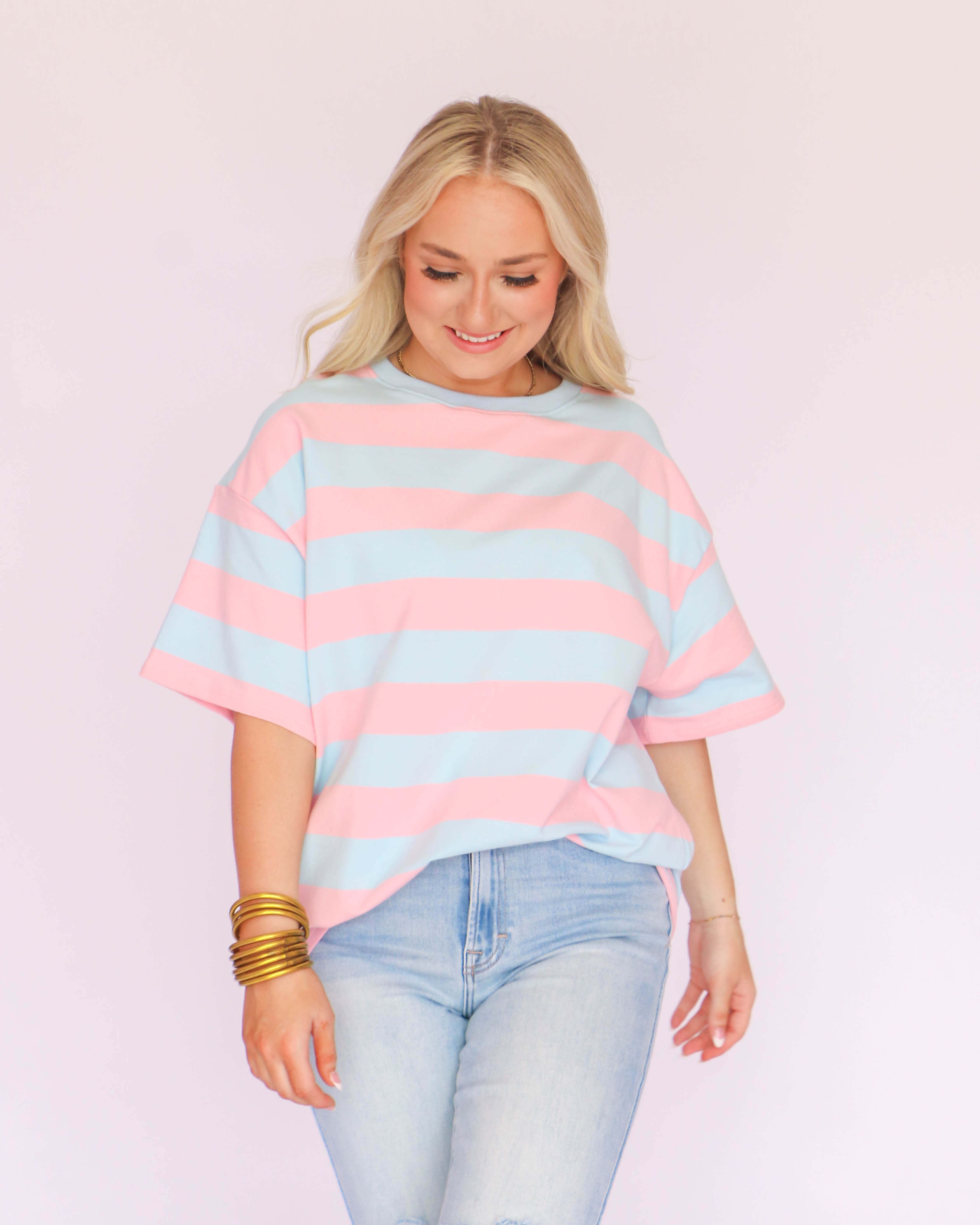 Pink and Blue Stripe Short Sleeve Basic Top