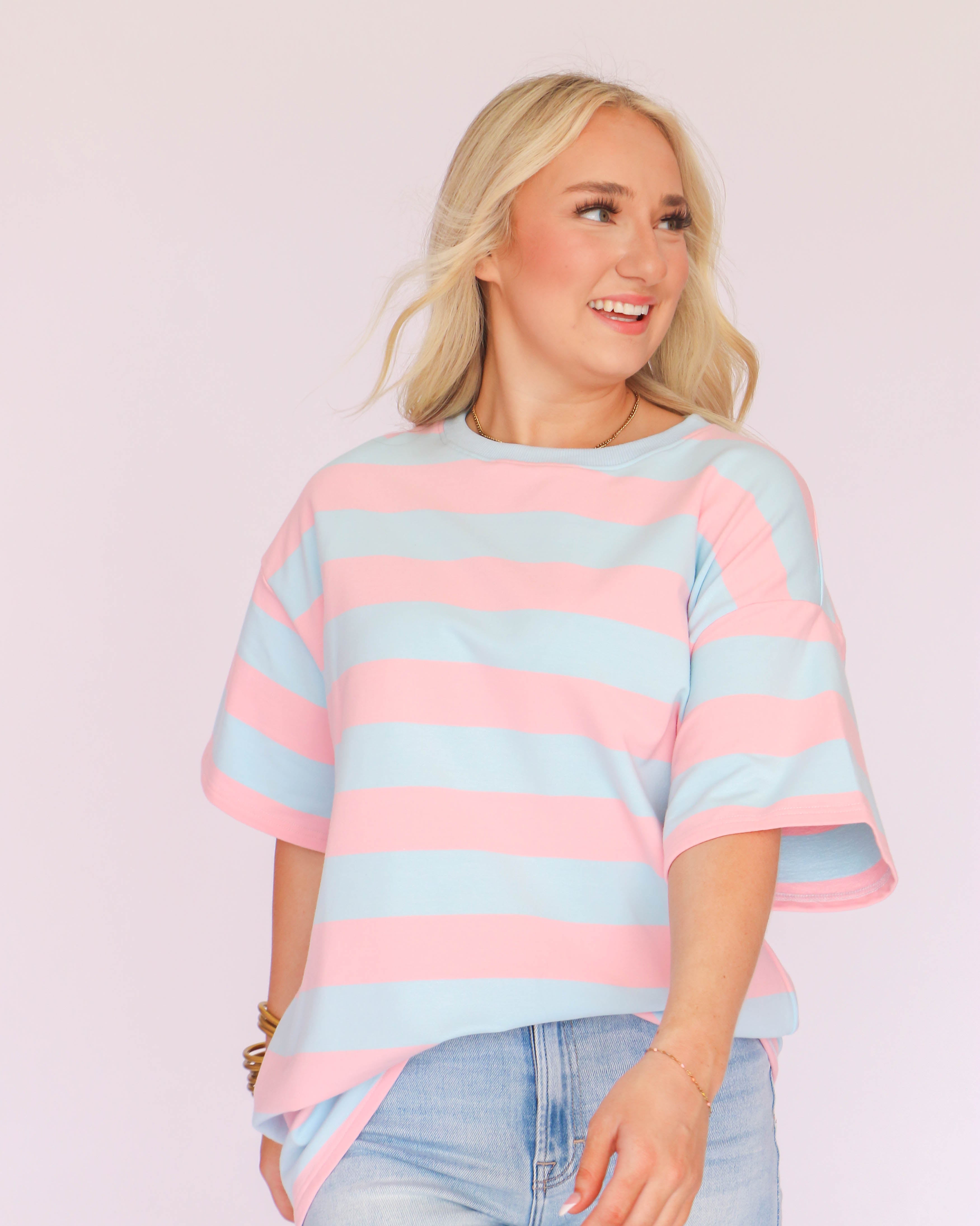 Pink and Blue Stripe Short Sleeve Basic Top