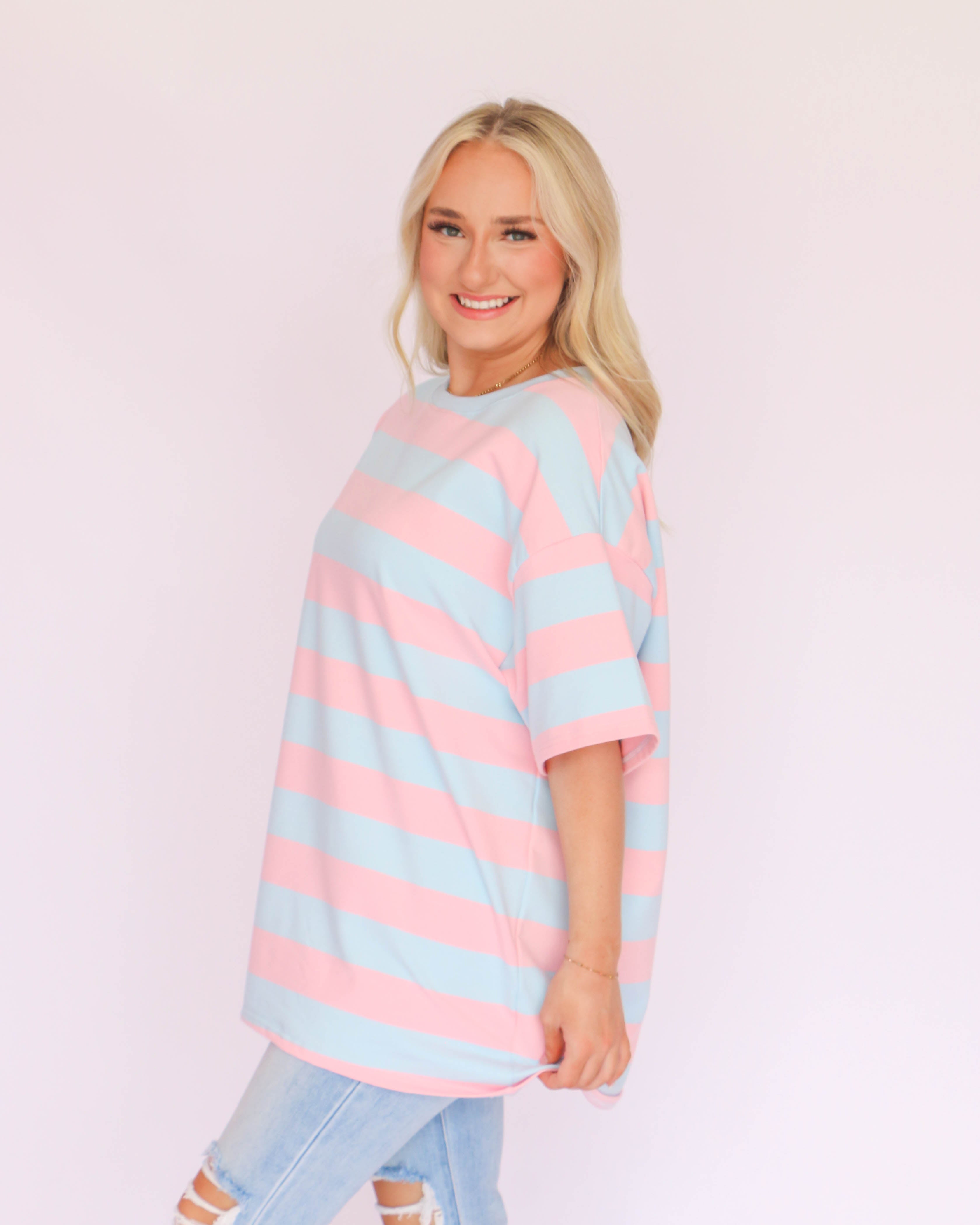 Pink and Blue Stripe Short Sleeve Basic Top