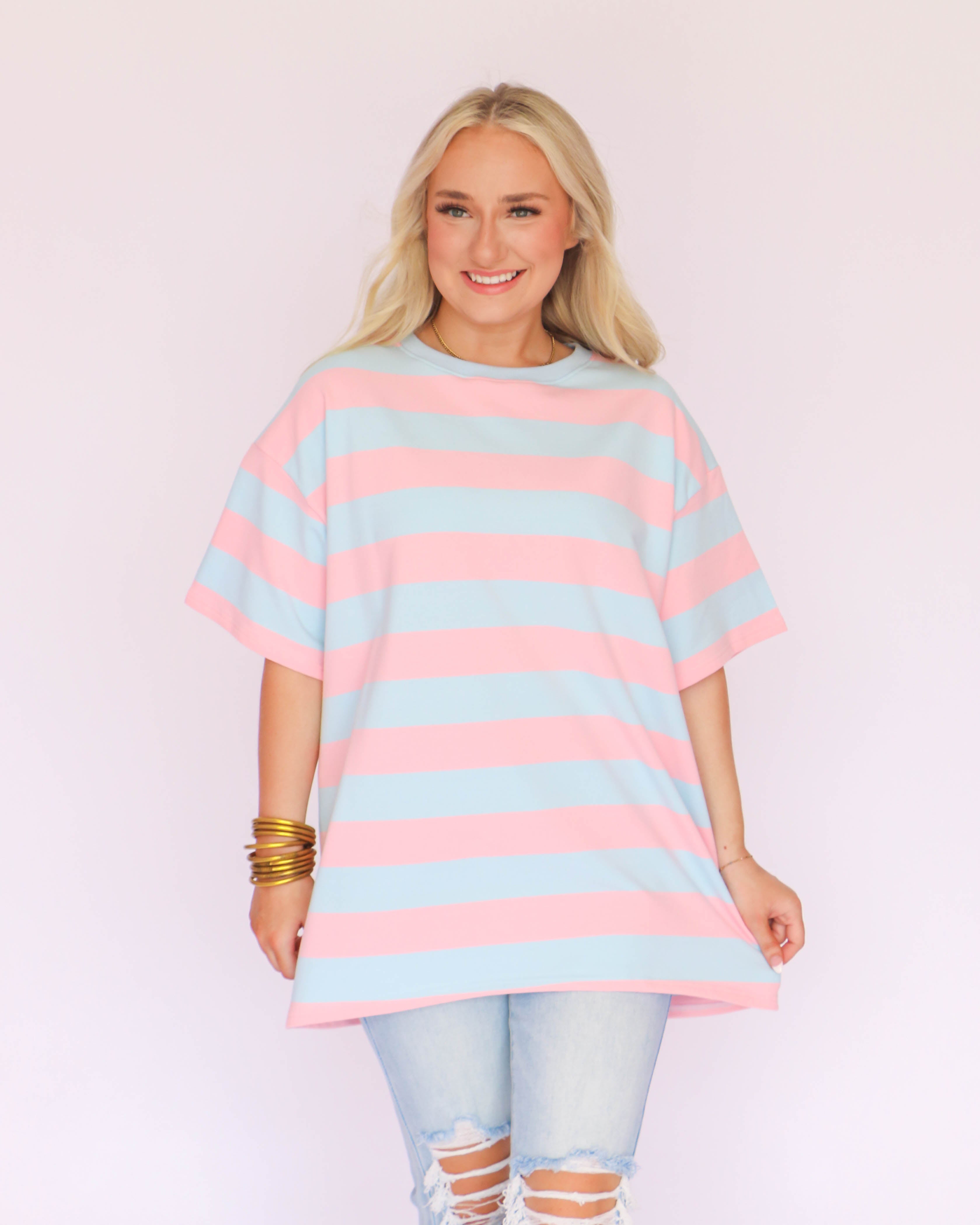 Pink and Blue Stripe Short Sleeve Basic Top