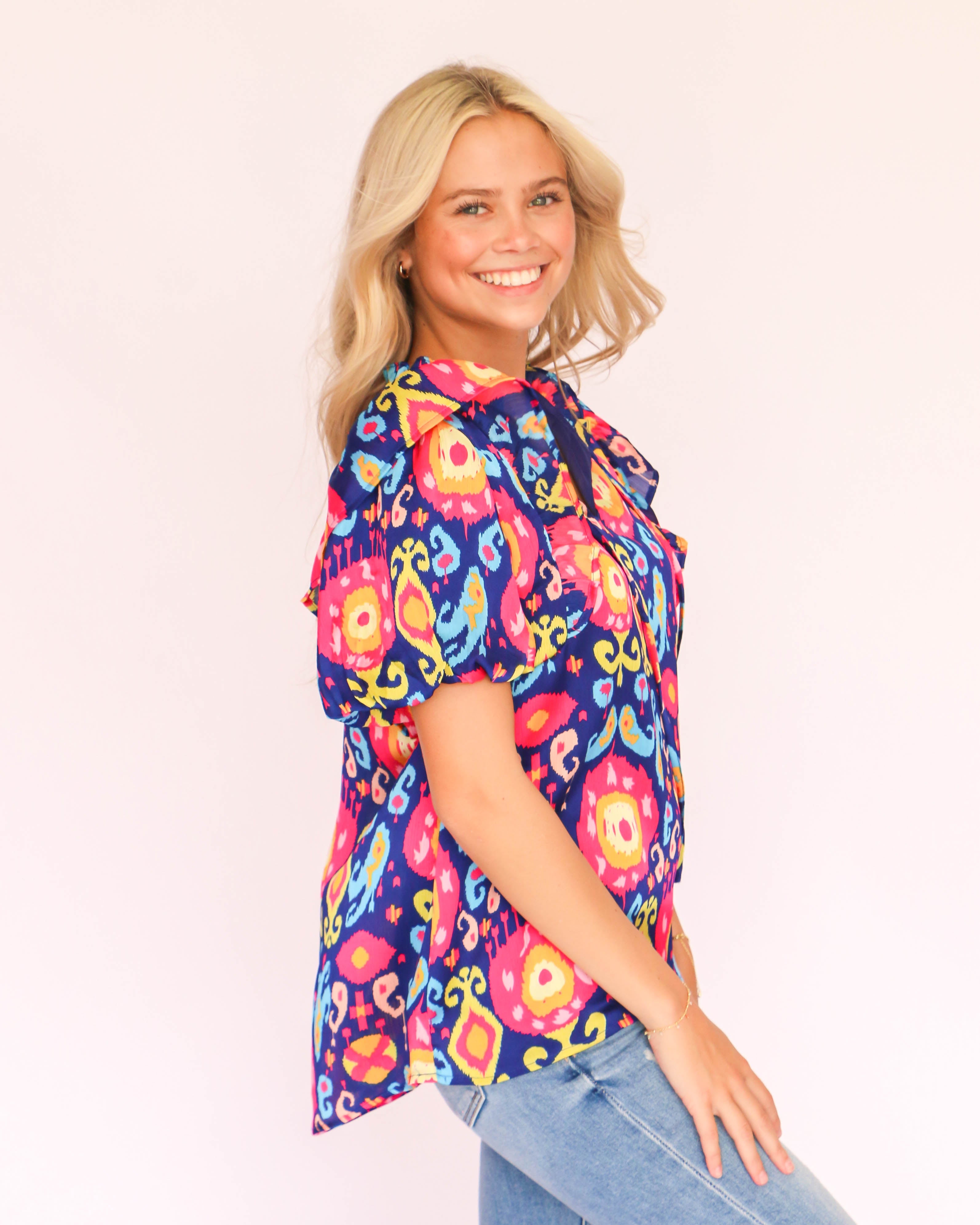 Navy Blue Satin Print Top