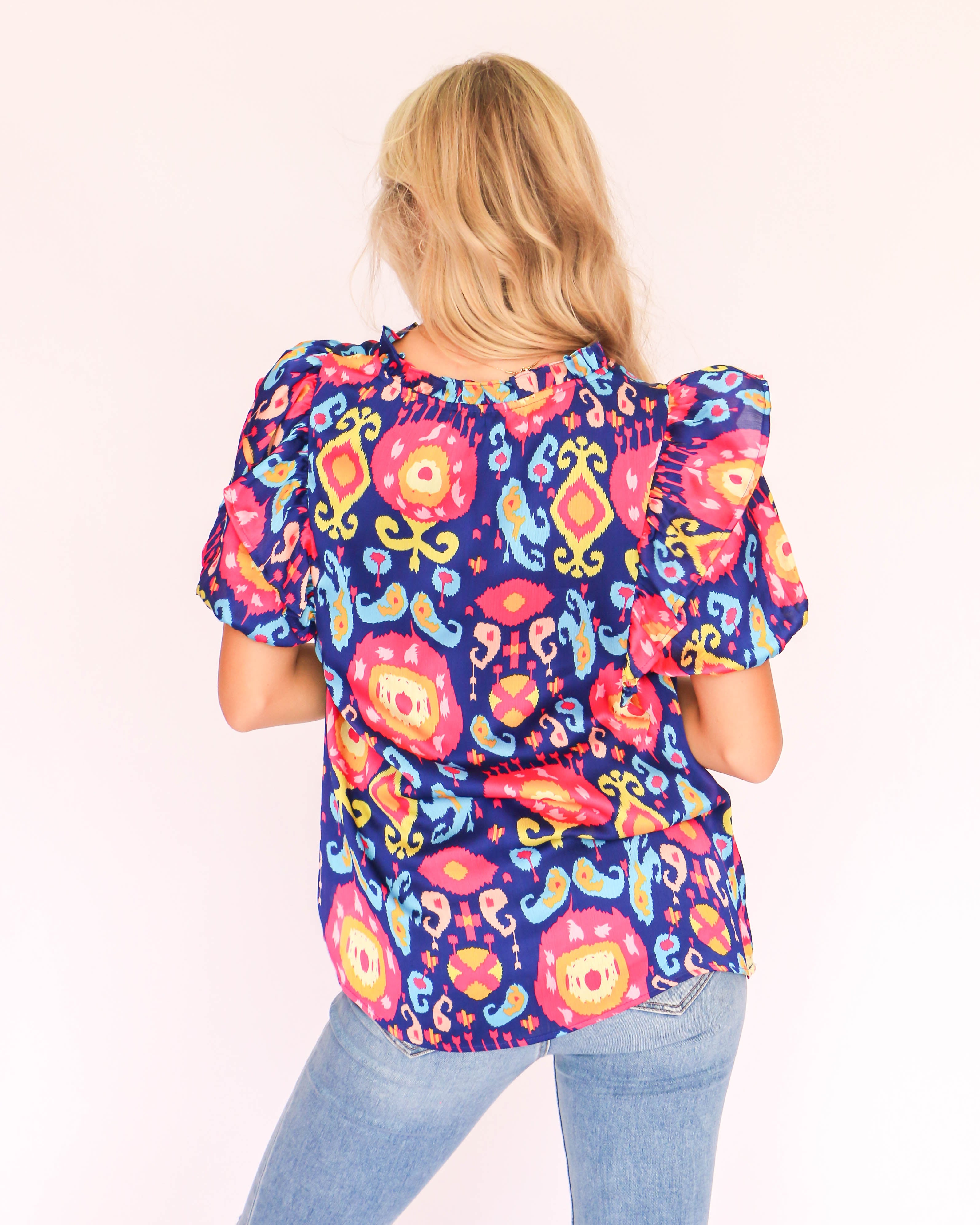 Navy Blue Satin Print Top