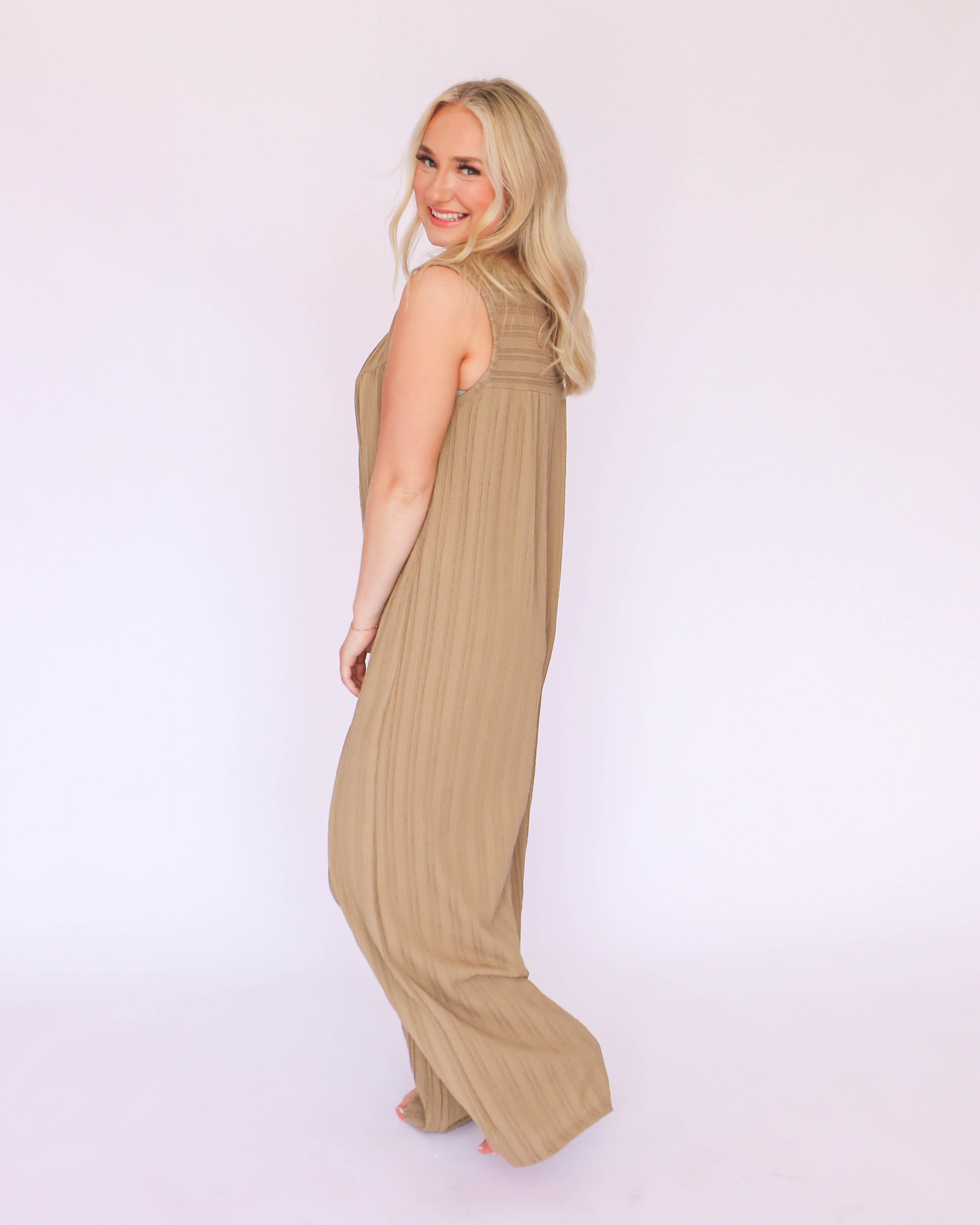 Textured Knit Fabric Sleeveless Wide Leg Jumpsuit in Latte