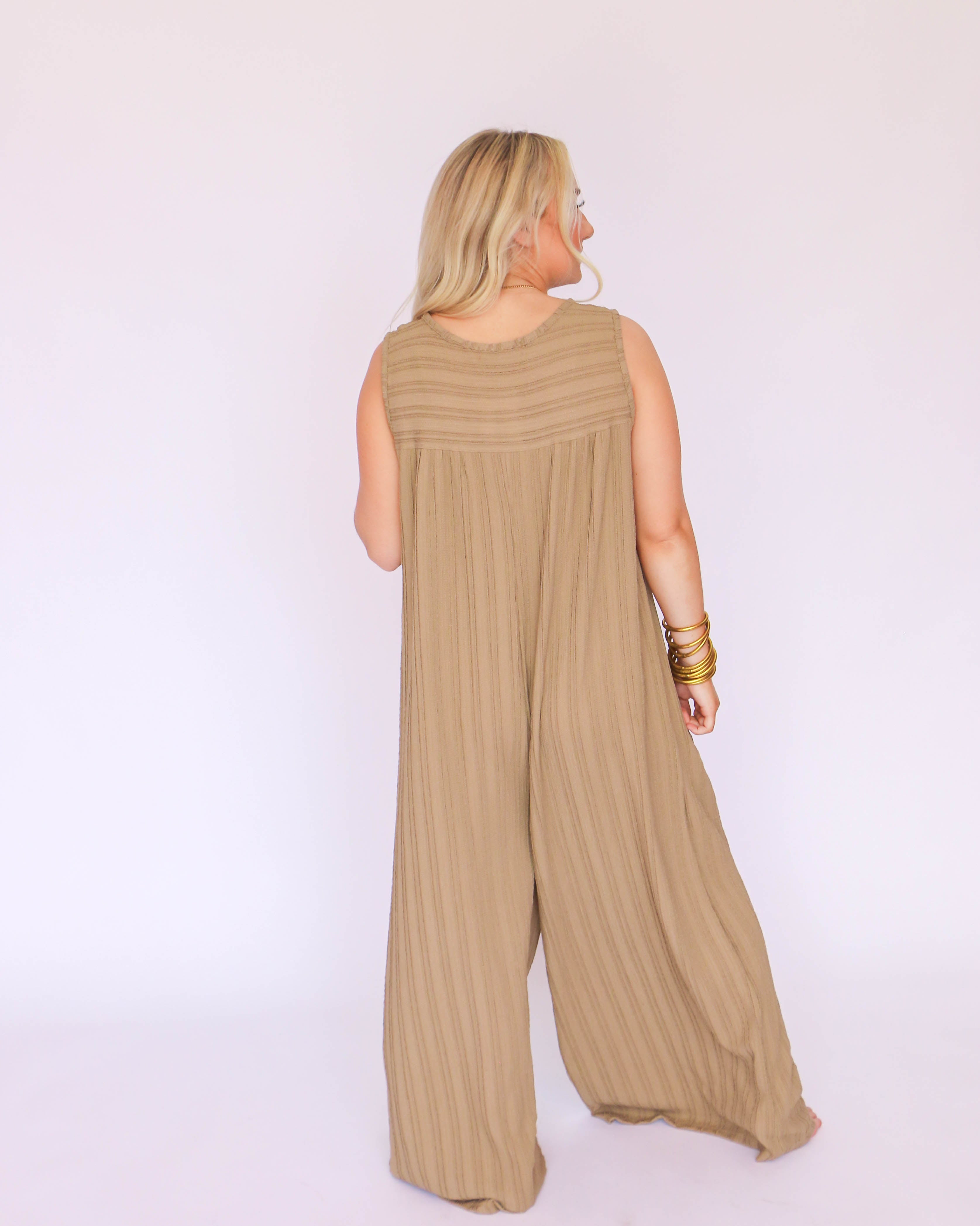 Textured Knit Fabric Sleeveless Wide Leg Jumpsuit in Latte