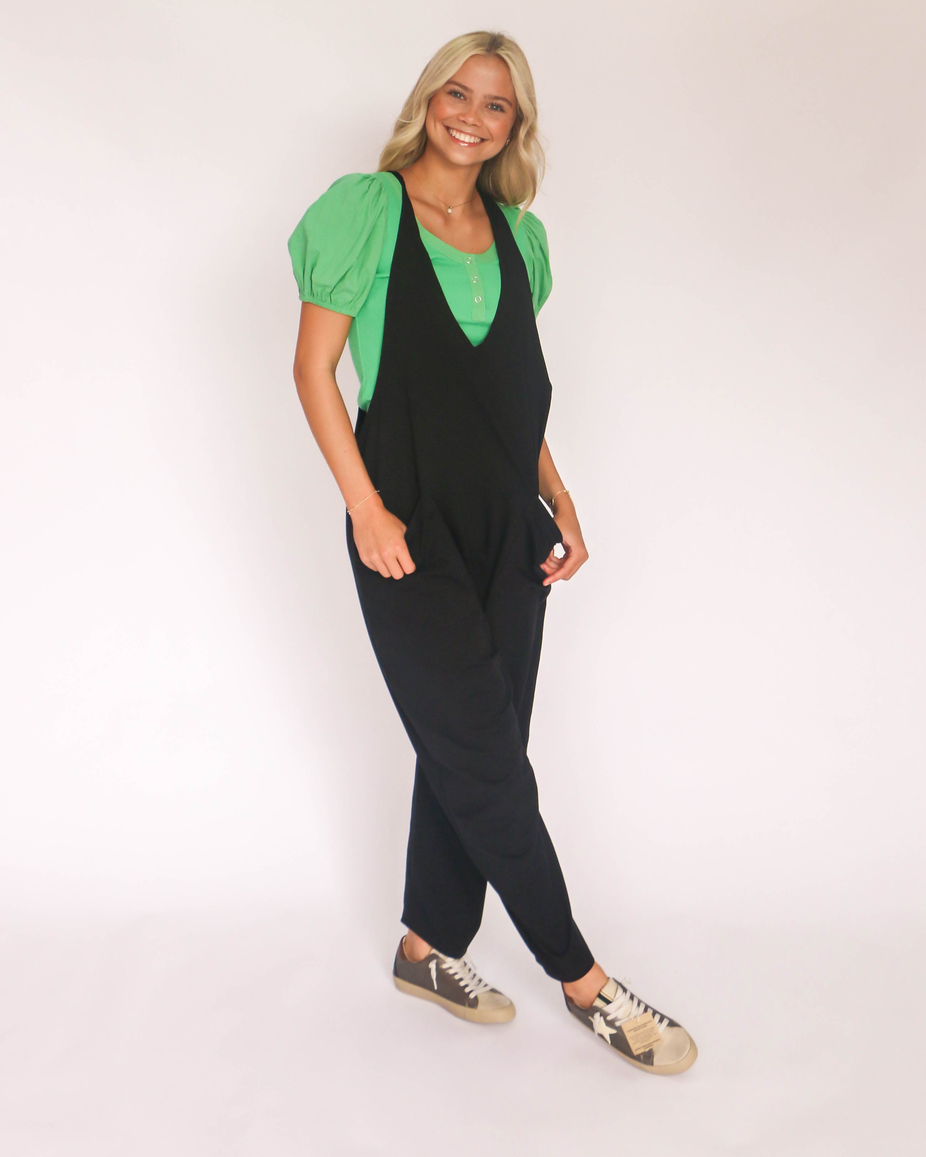 Casual Loose Fit Solid Knit Baggy Jumpsuit in Black