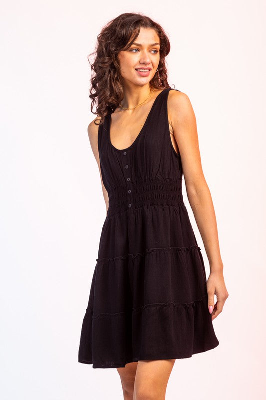 Smocked Waist Tiered Mini Dress in Black