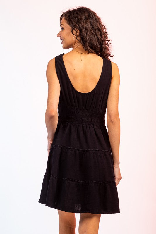 Smocked Waist Tiered Mini Dress in Black