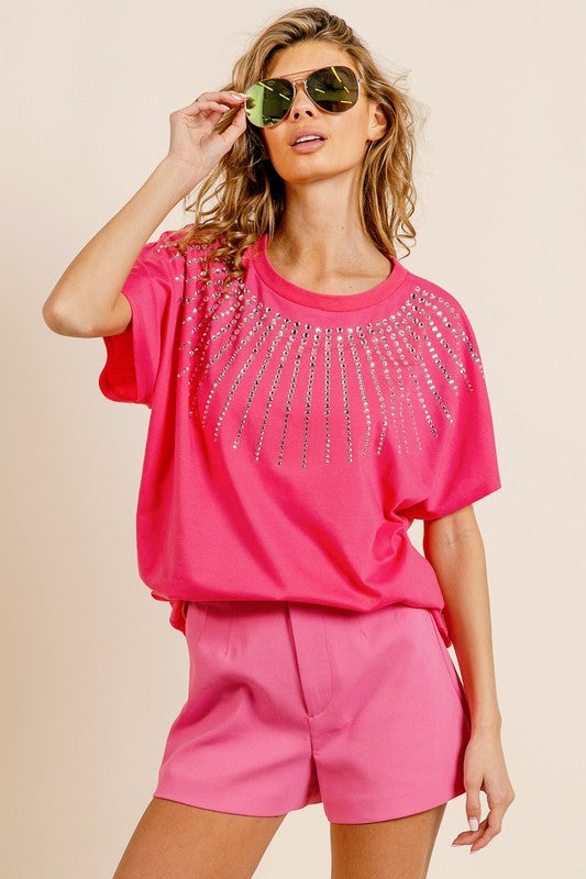 Hot Pink Rhinestone Short Sleeve Top